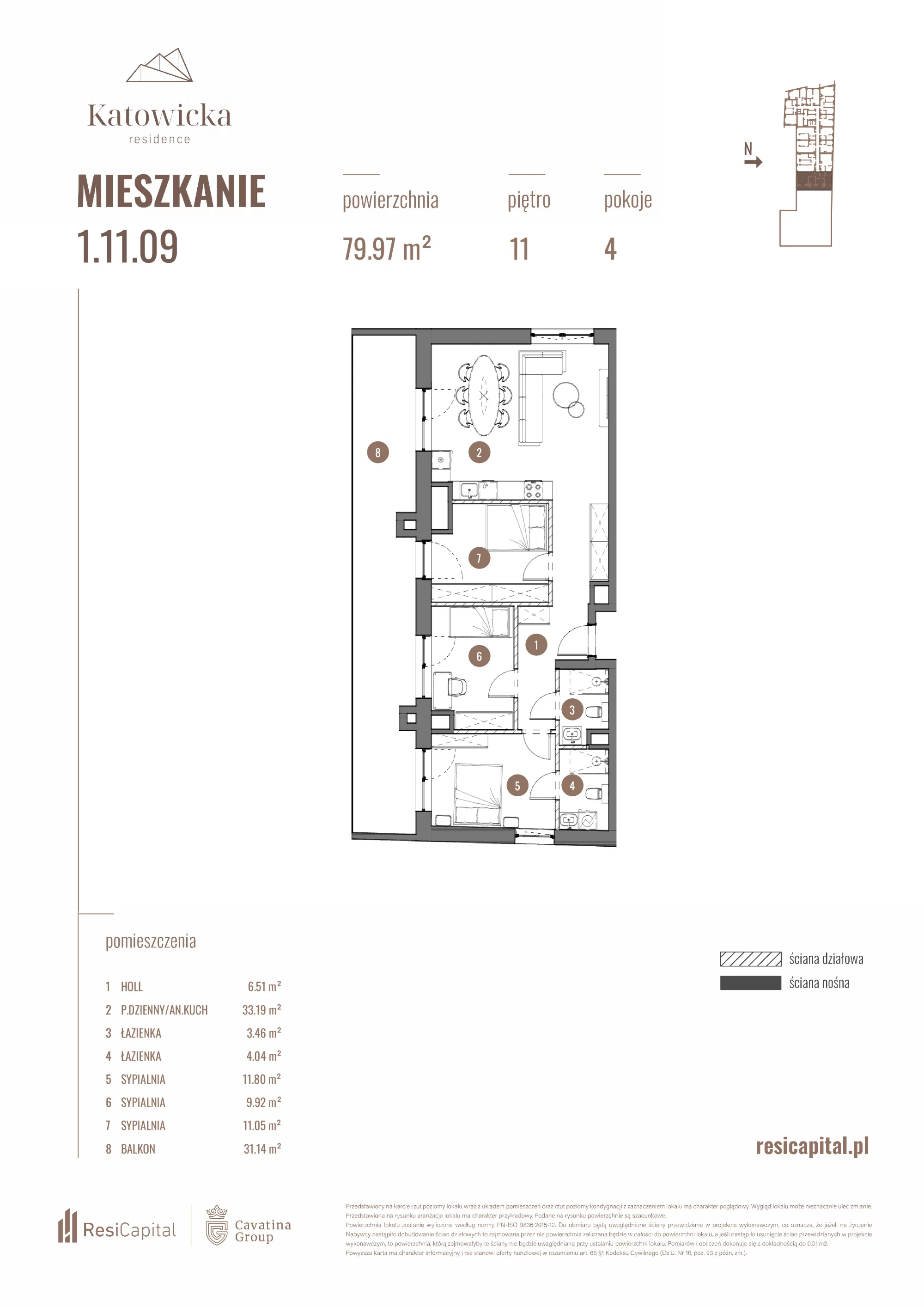 4 pokoje, apartament 80,52 m², piętro 11, oferta nr 1.11.09., Katowicka Residence, Katowice, Bogucice, ul. Katowicka