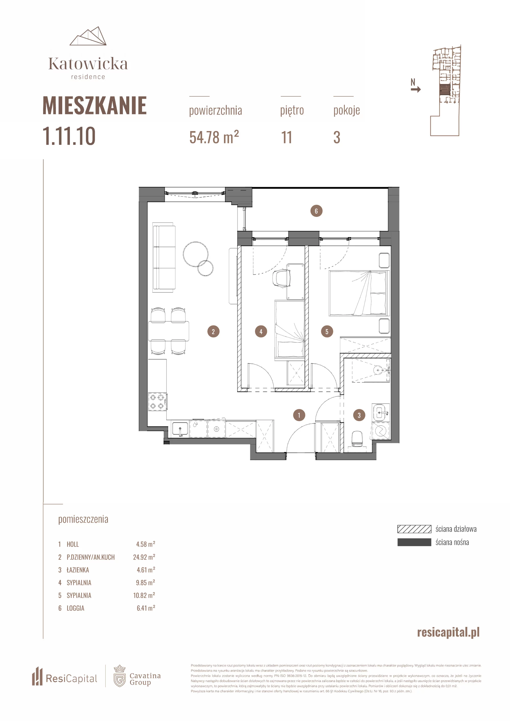3 pokoje, apartament 54,78 m², piętro 11, oferta nr 1.11.10., Katowicka Residence, Katowice, Bogucice, ul. Katowicka