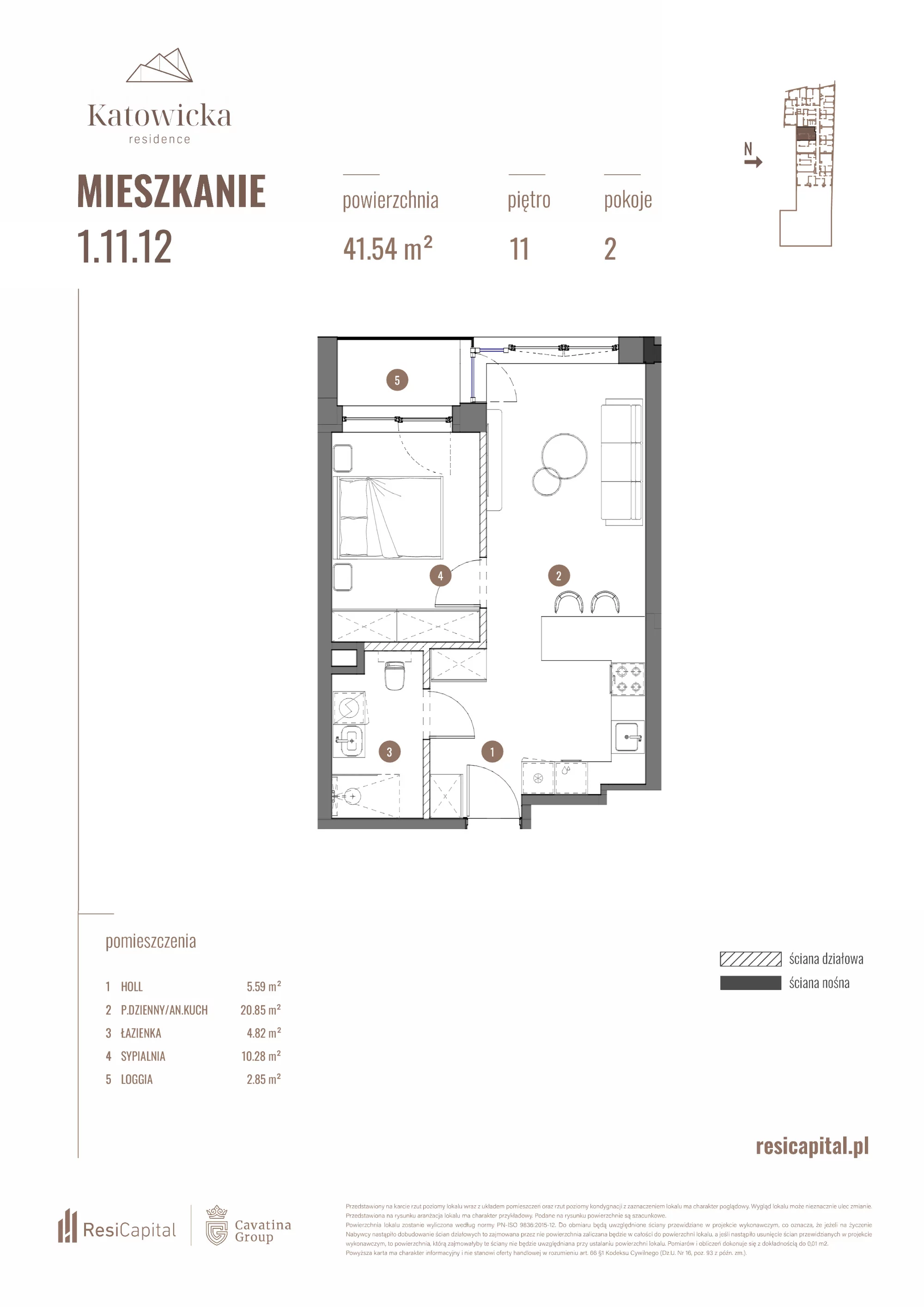 2 pokoje, apartament 41,54 m², piętro 11, oferta nr 1.11.12., Katowicka Residence, Katowice, Bogucice, ul. Katowicka