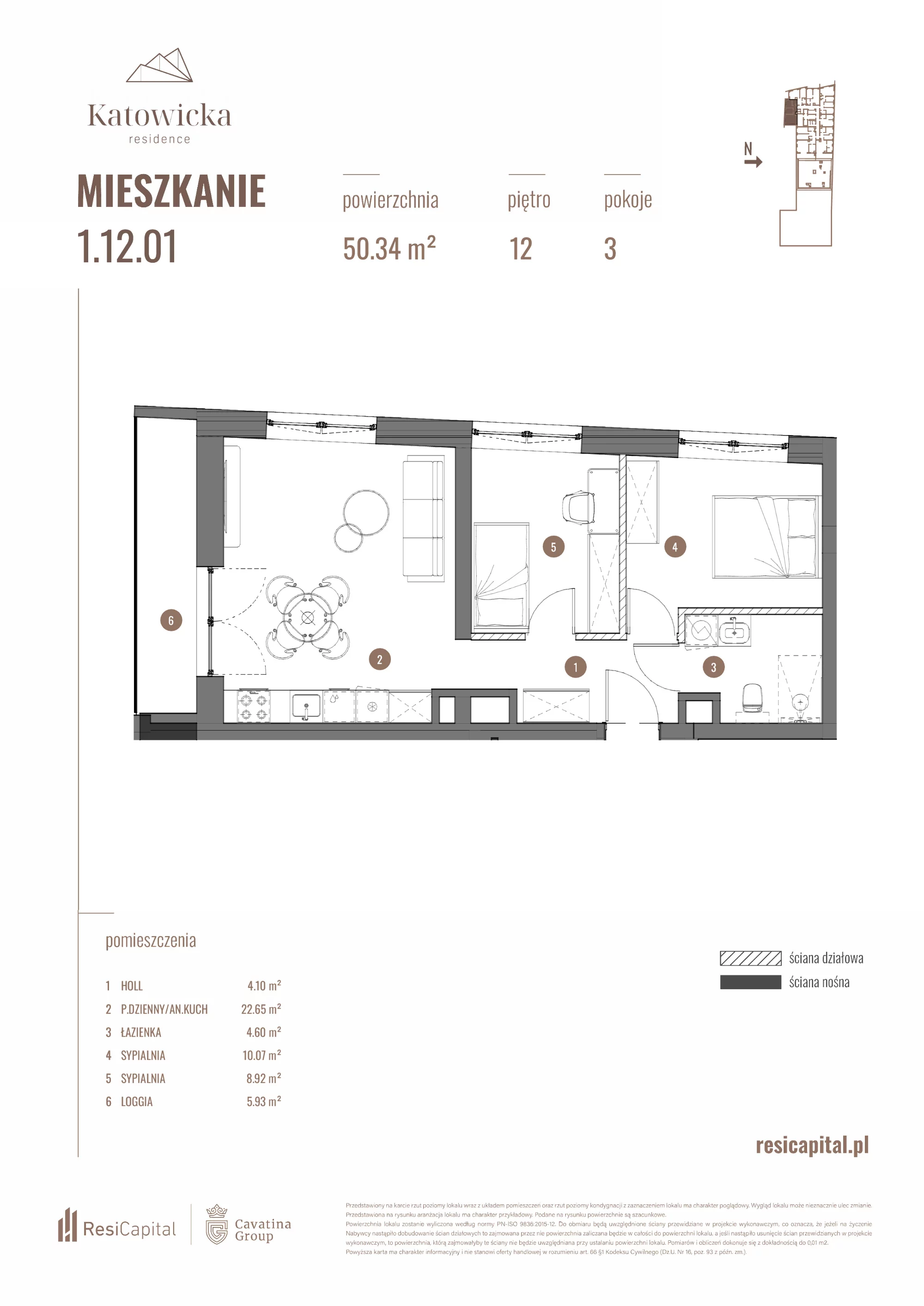 3 pokoje, apartament 50,34 m², piętro 12, oferta nr 1.12.01., Katowicka Residence, Katowice, Bogucice, ul. Katowicka