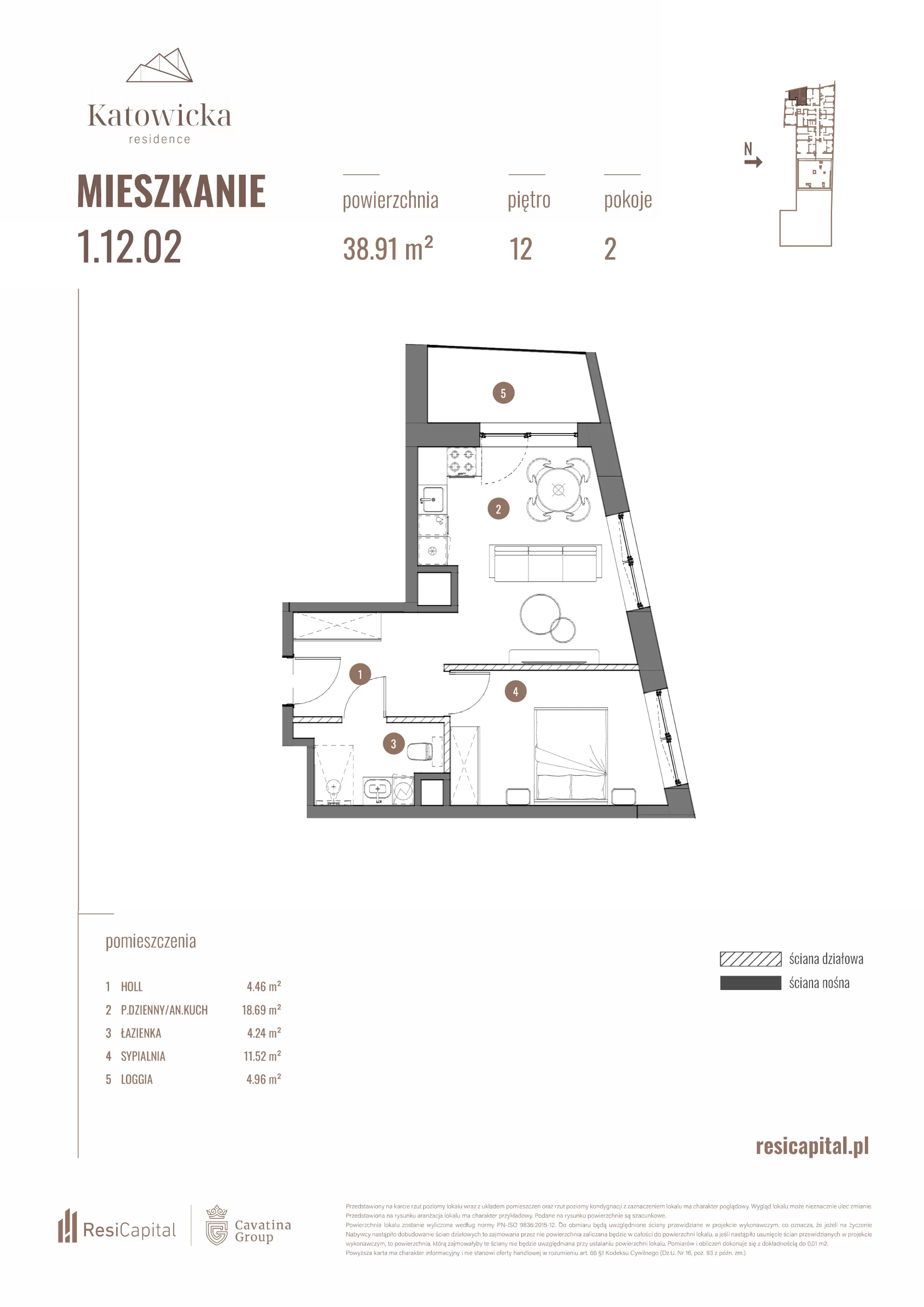 2 pokoje, apartament 38,91 m², piętro 12, oferta nr 1.12.02., Katowicka Residence, Katowice, Bogucice, ul. Katowicka