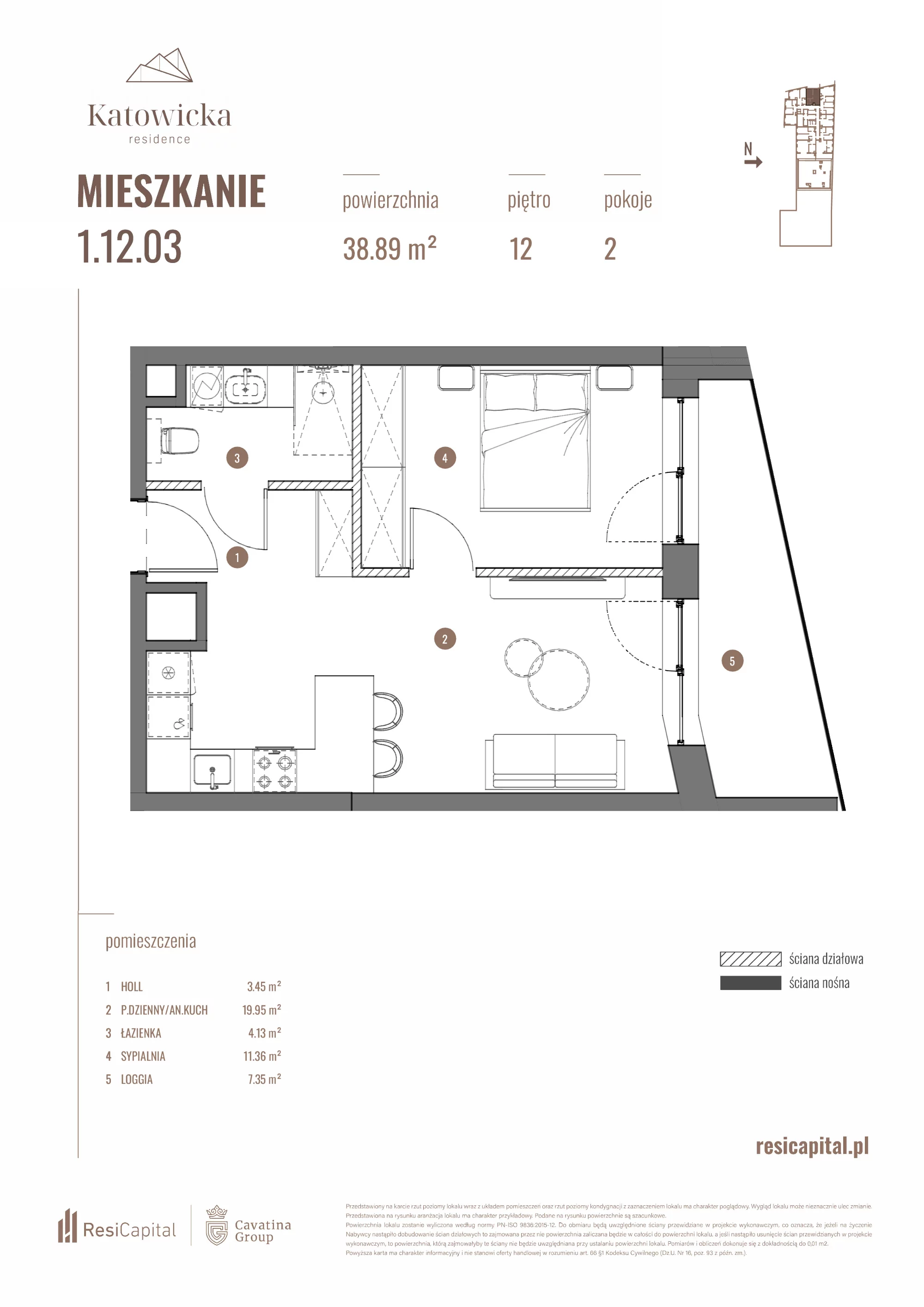 2 pokoje, apartament 38,89 m², piętro 12, oferta nr 1.12.03., Katowicka Residence, Katowice, Bogucice, ul. Katowicka