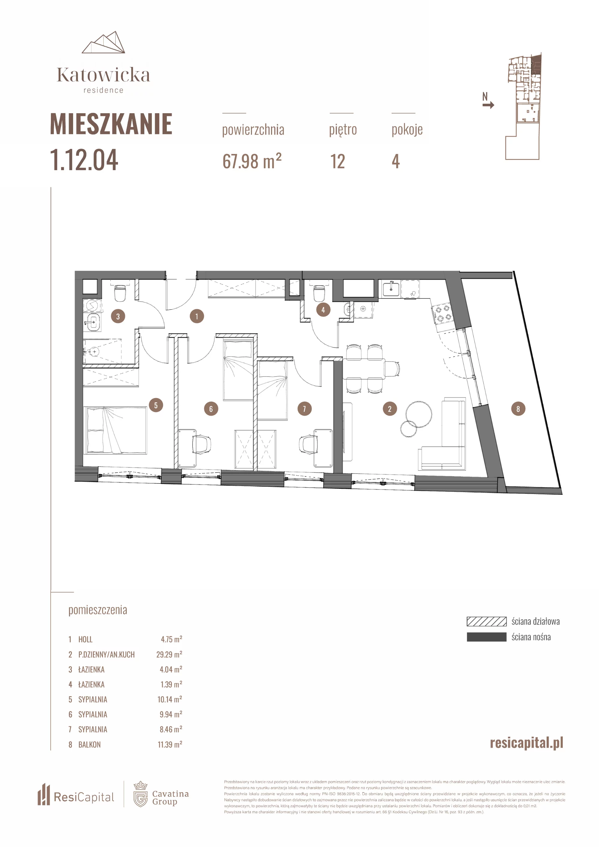 4 pokoje, apartament 68,11 m², piętro 12, oferta nr 1.12.04., Katowicka Residence, Katowice, Bogucice, ul. Katowicka
