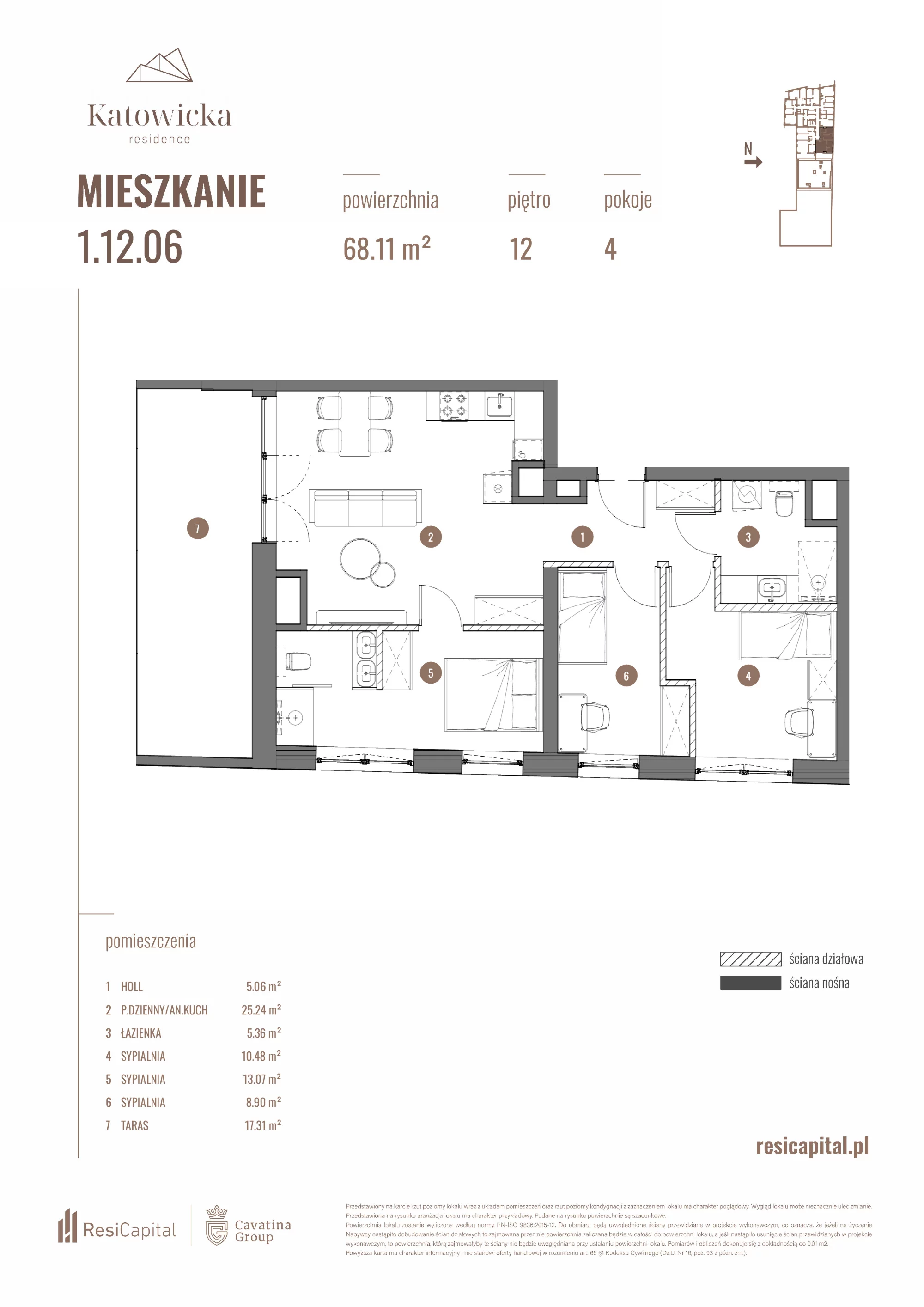 4 pokoje, apartament 68,45 m², piętro 12, oferta nr 1.12.06., Katowicka Residence, Katowice, Bogucice, ul. Katowicka