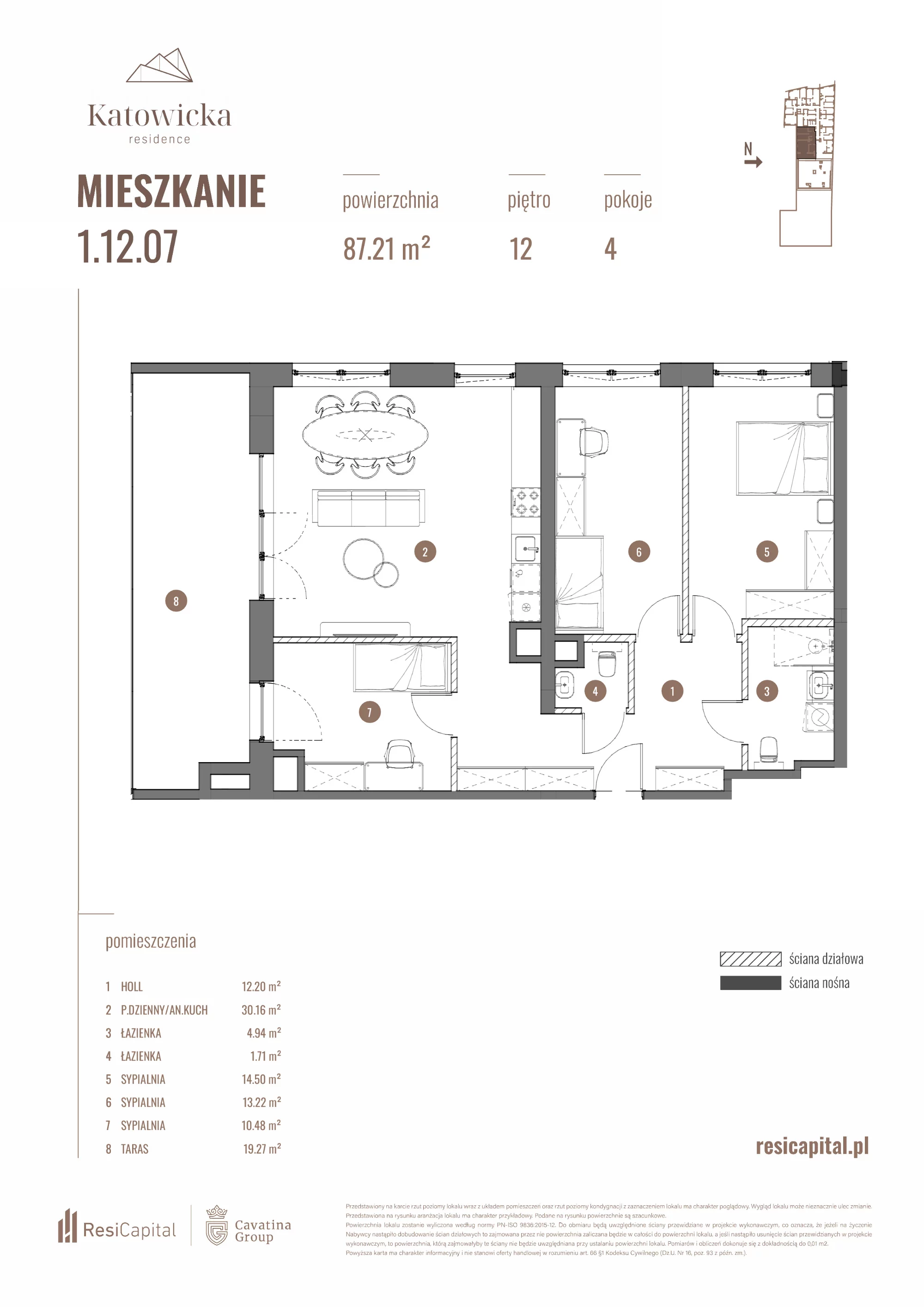 4 pokoje, apartament 87,63 m², piętro 12, oferta nr 1.12.07., Katowicka Residence, Katowice, Bogucice, ul. Katowicka