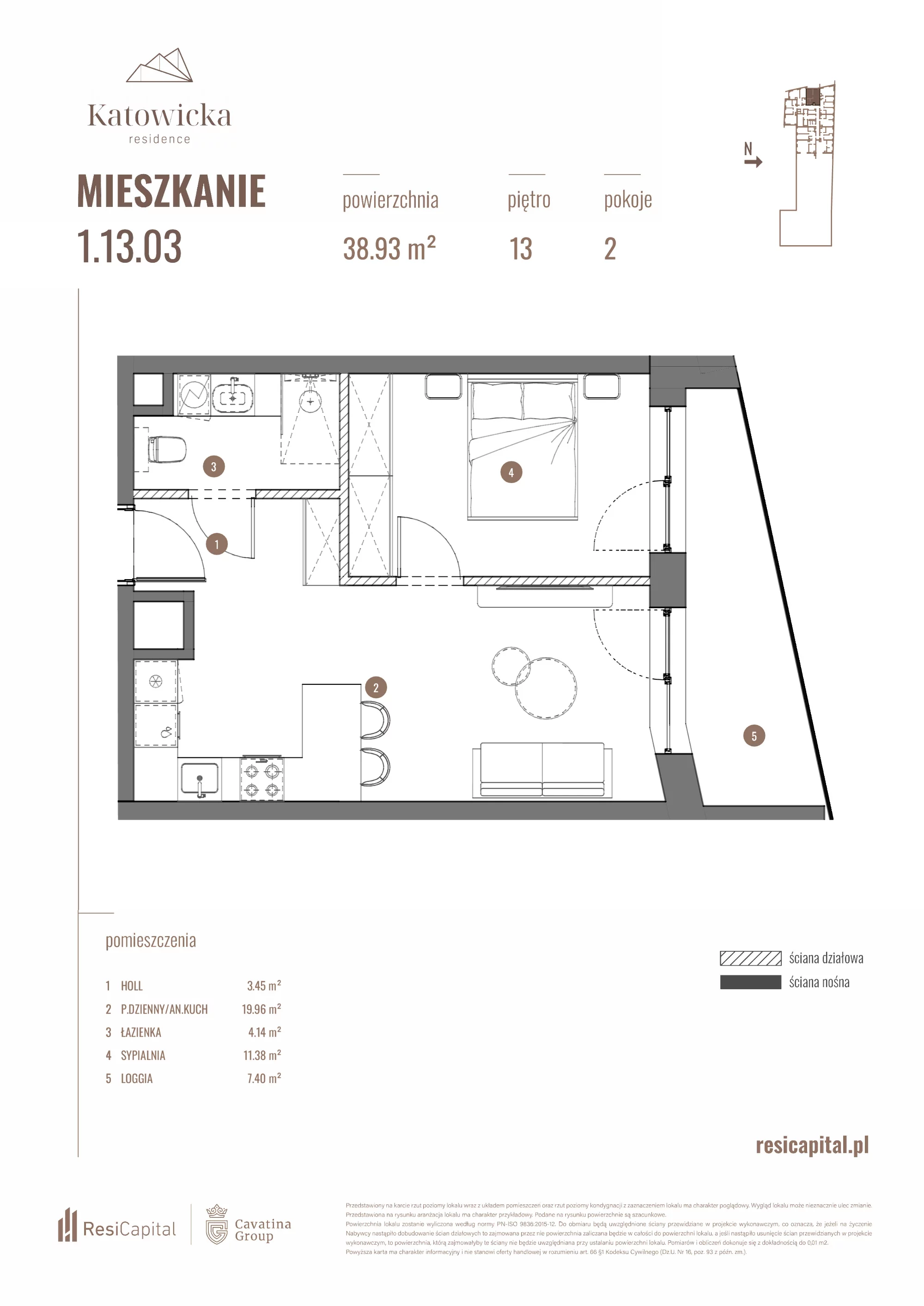 2 pokoje, apartament 38,93 m², piętro 13, oferta nr 1.13.03., Katowicka Residence, Katowice, Bogucice, ul. Katowicka