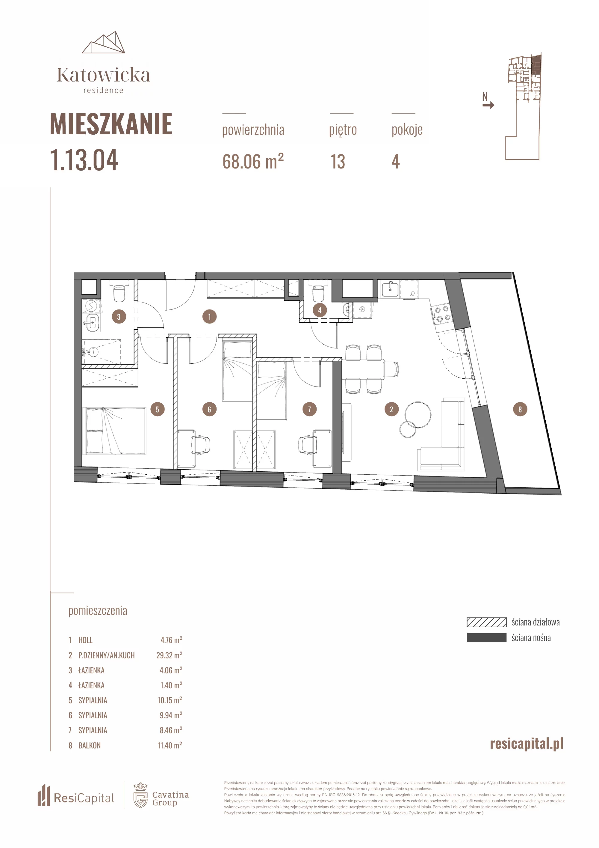 4 pokoje, apartament 68,35 m², piętro 13, oferta nr 1.13.04., Katowicka Residence, Katowice, Bogucice, ul. Katowicka