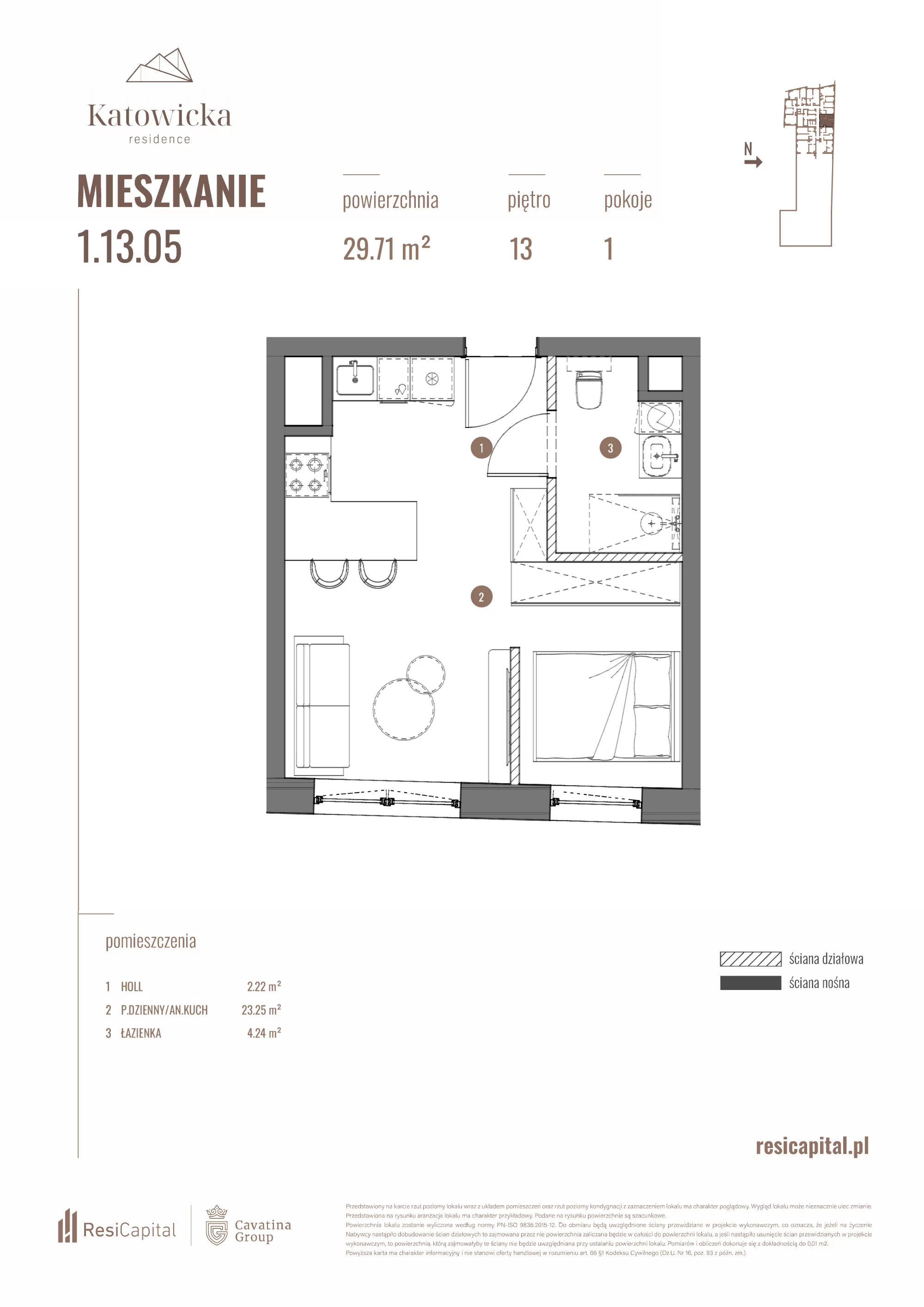 Apartament 29,71 m², piętro 13, oferta nr 1.13.05., Katowicka Residence, Katowice, Bogucice, ul. Katowicka