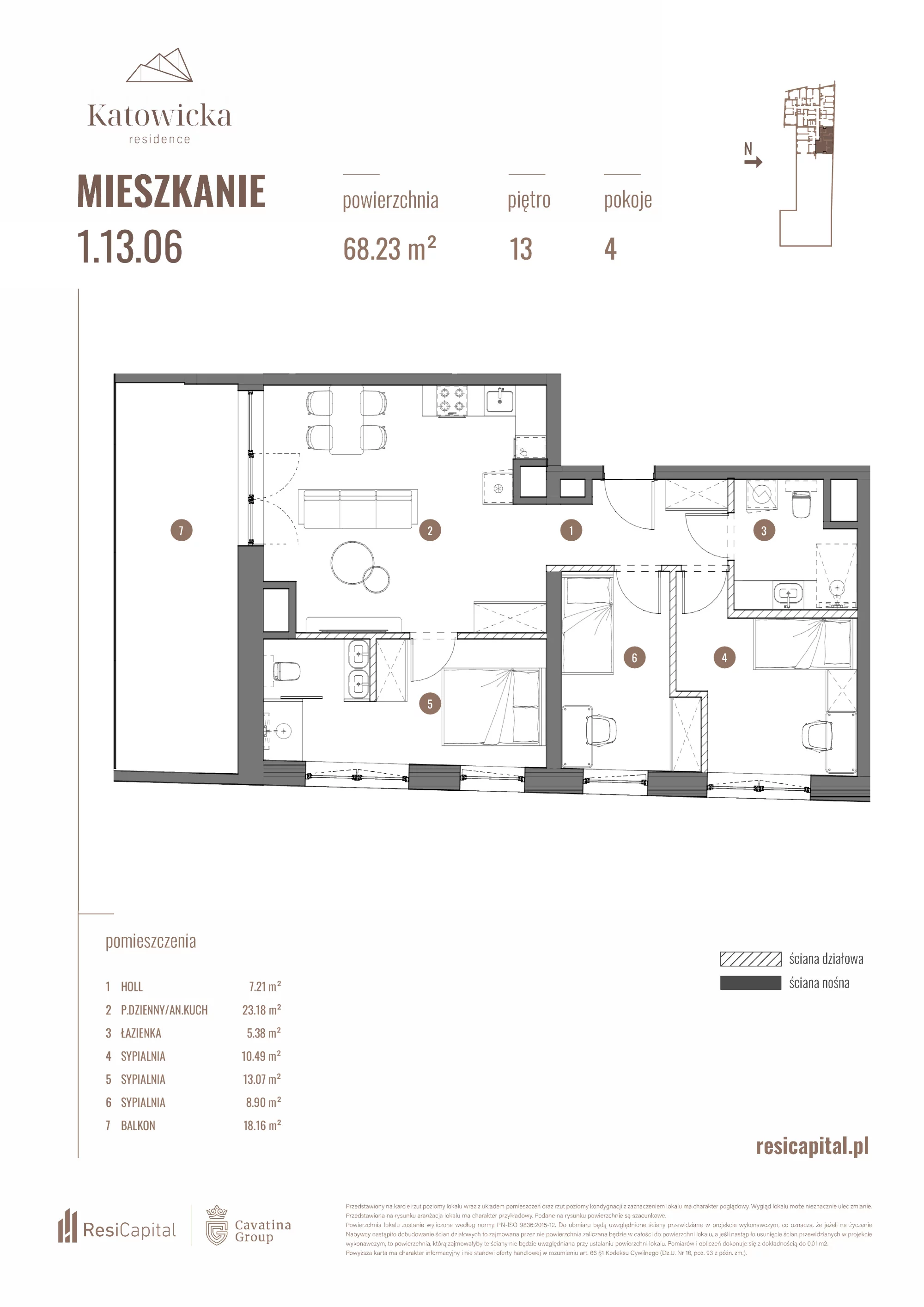 4 pokoje, apartament 68,63 m², piętro 13, oferta nr 1.13.06., Katowicka Residence, Katowice, Bogucice, ul. Katowicka