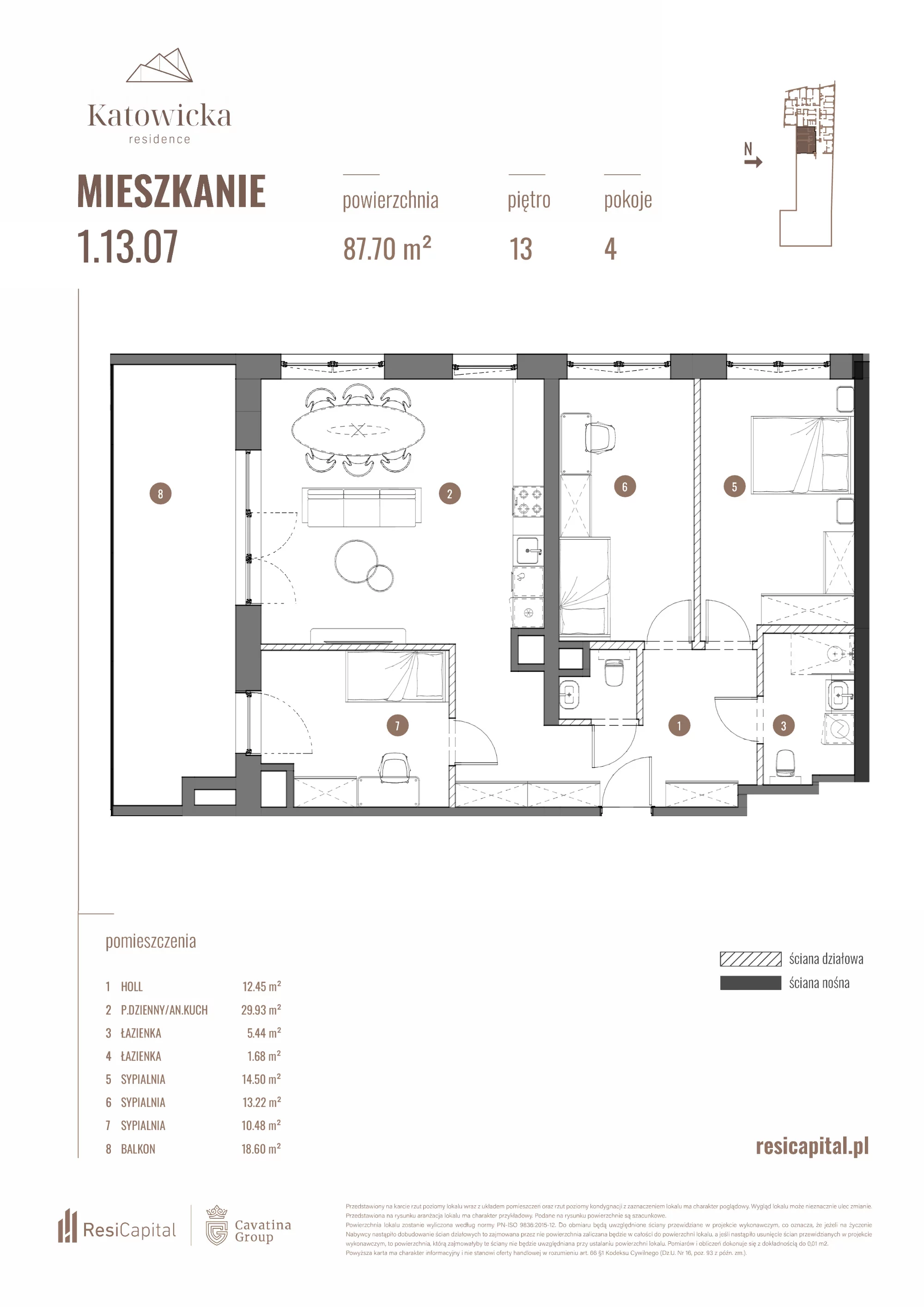 4 pokoje, apartament 88,17 m², piętro 13, oferta nr 1.13.07., Katowicka Residence, Katowice, Bogucice, ul. Katowicka