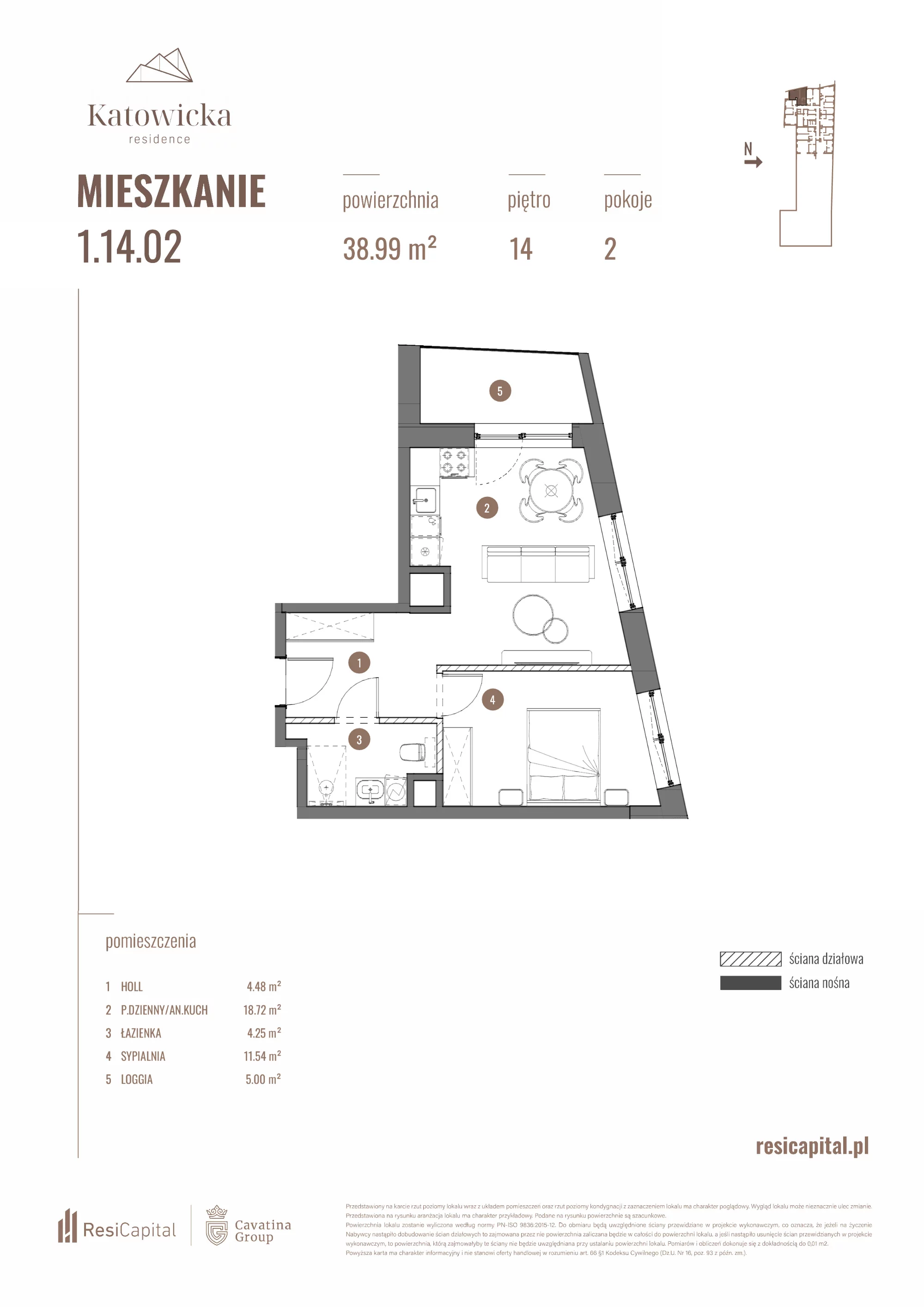 2 pokoje, apartament 38,99 m², piętro 14, oferta nr 1.14.02., Katowicka Residence, Katowice, Bogucice, ul. Katowicka