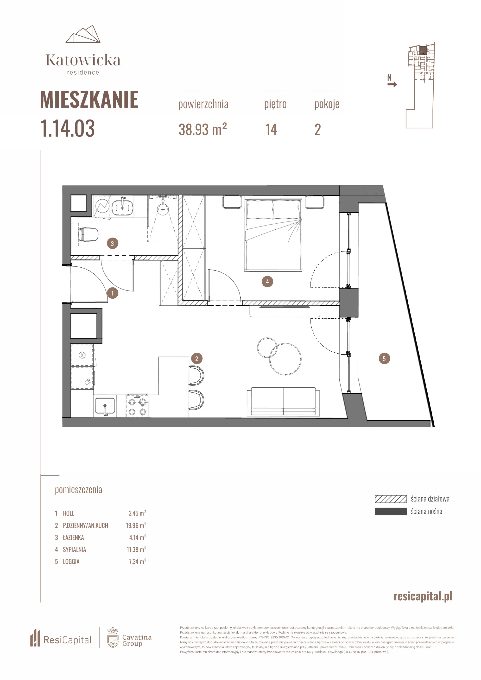2 pokoje, apartament 38,93 m², piętro 14, oferta nr 1.14.03., Katowicka Residence, Katowice, Bogucice, ul. Katowicka