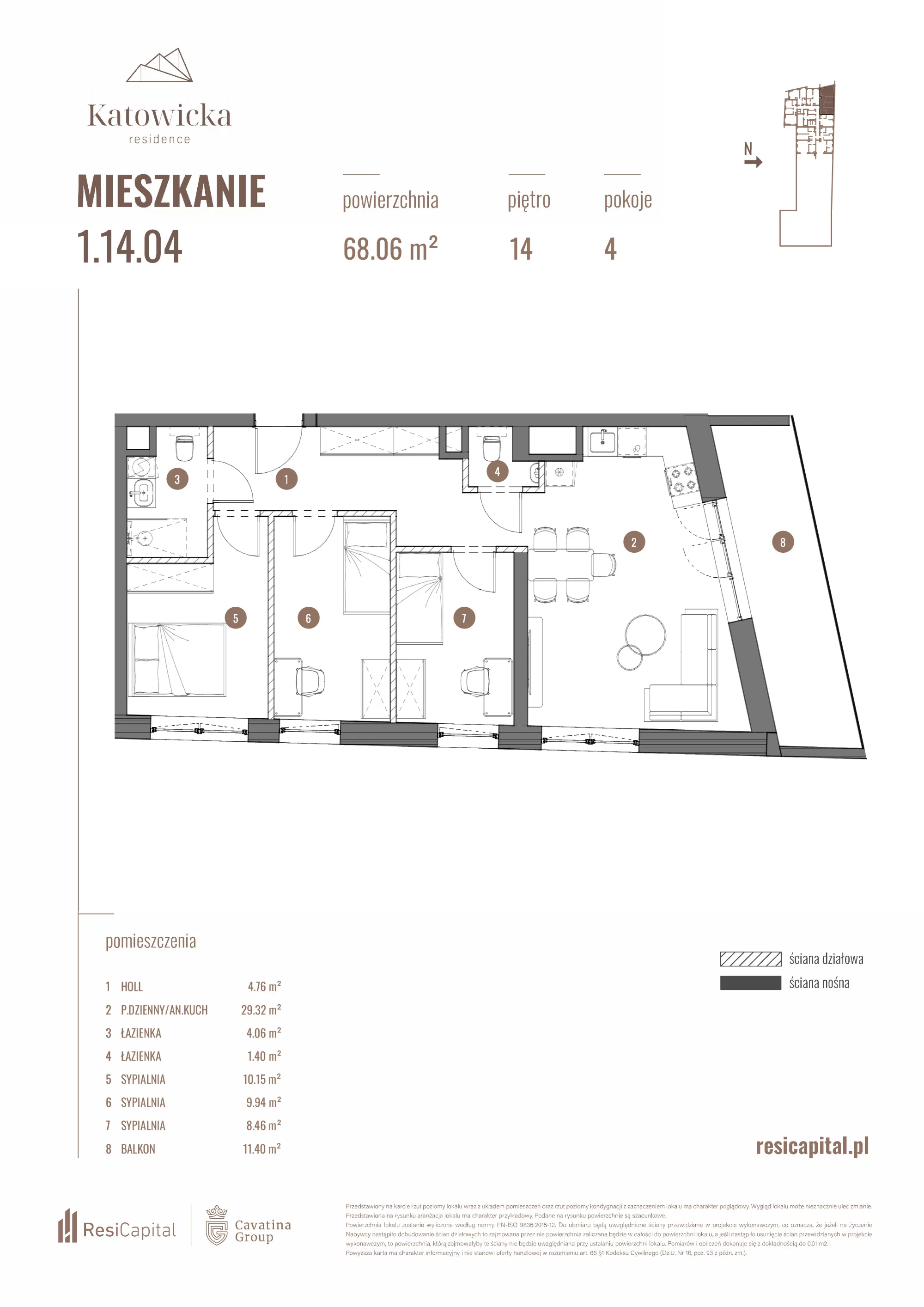 4 pokoje, apartament 68,35 m², piętro 14, oferta nr 1.14.04., Katowicka Residence, Katowice, Bogucice, ul. Katowicka