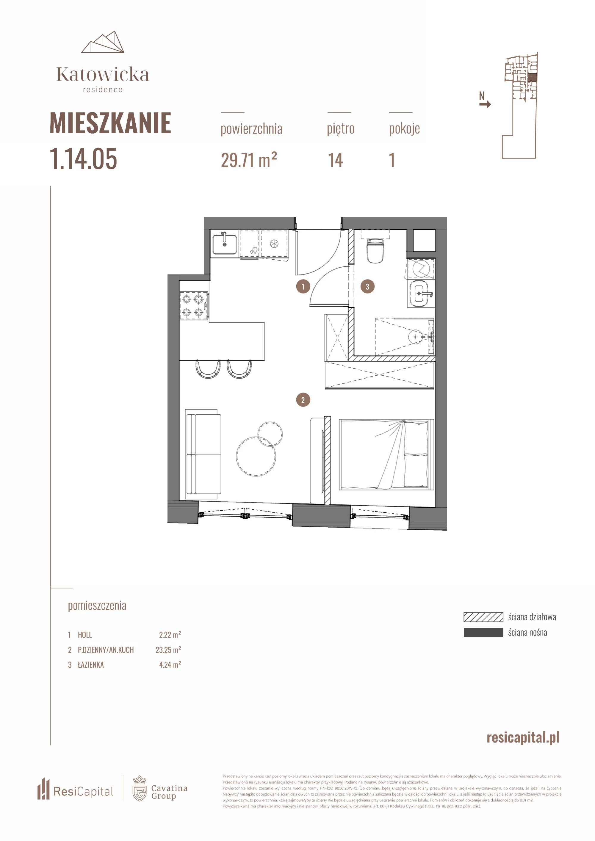 Apartament 29,71 m², piętro 14, oferta nr 1.14.05., Katowicka Residence, Katowice, Bogucice, ul. Katowicka