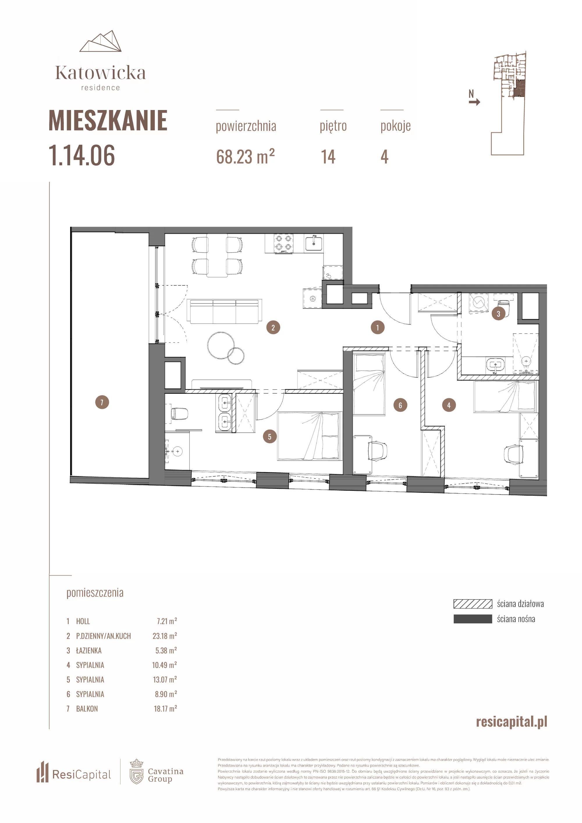 4 pokoje, apartament 68,63 m², piętro 14, oferta nr 1.14.06., Katowicka Residence, Katowice, Bogucice, ul. Katowicka