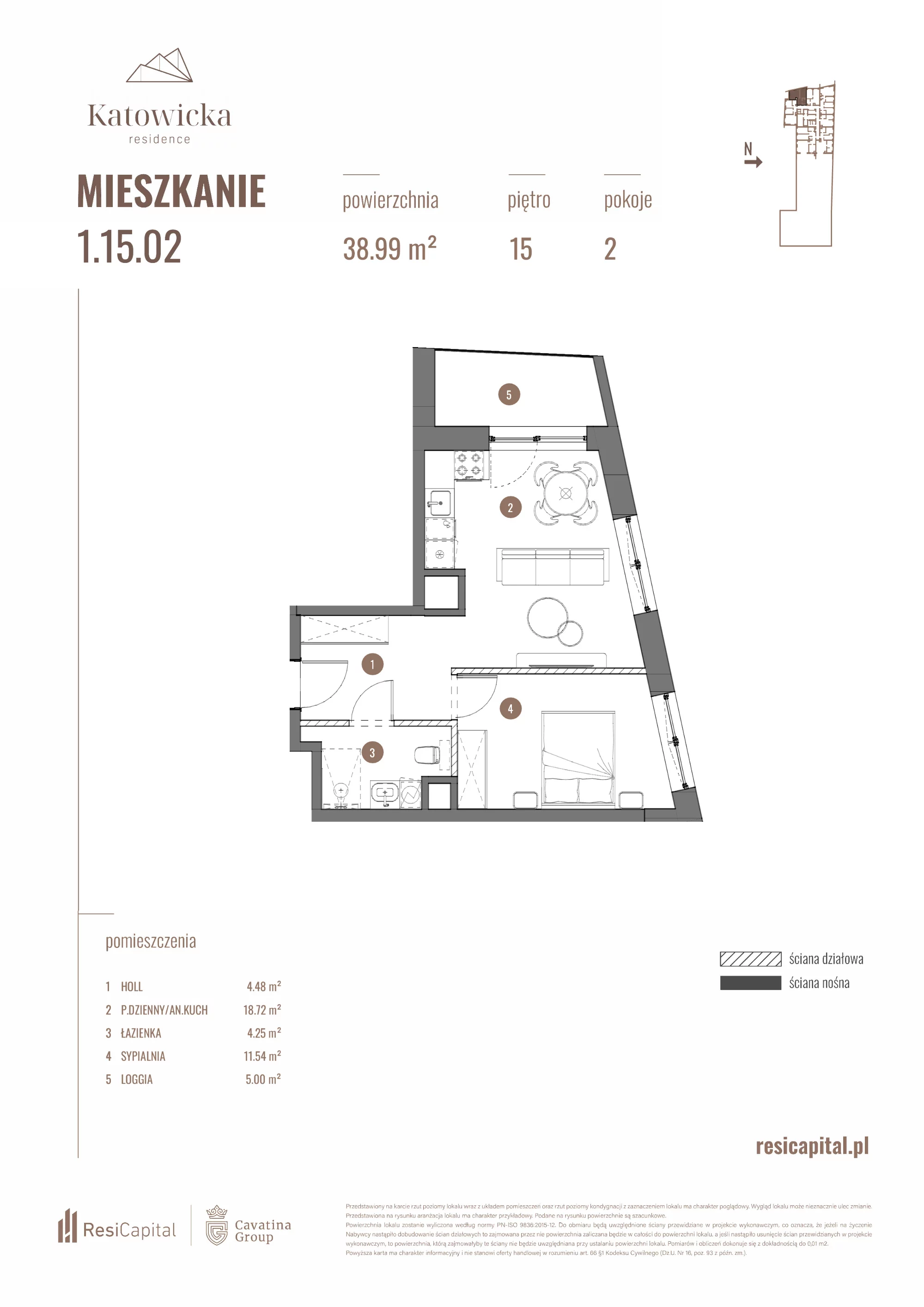 2 pokoje, apartament 38,99 m², piętro 15, oferta nr 1.15.02., Katowicka Residence, Katowice, Bogucice, ul. Katowicka