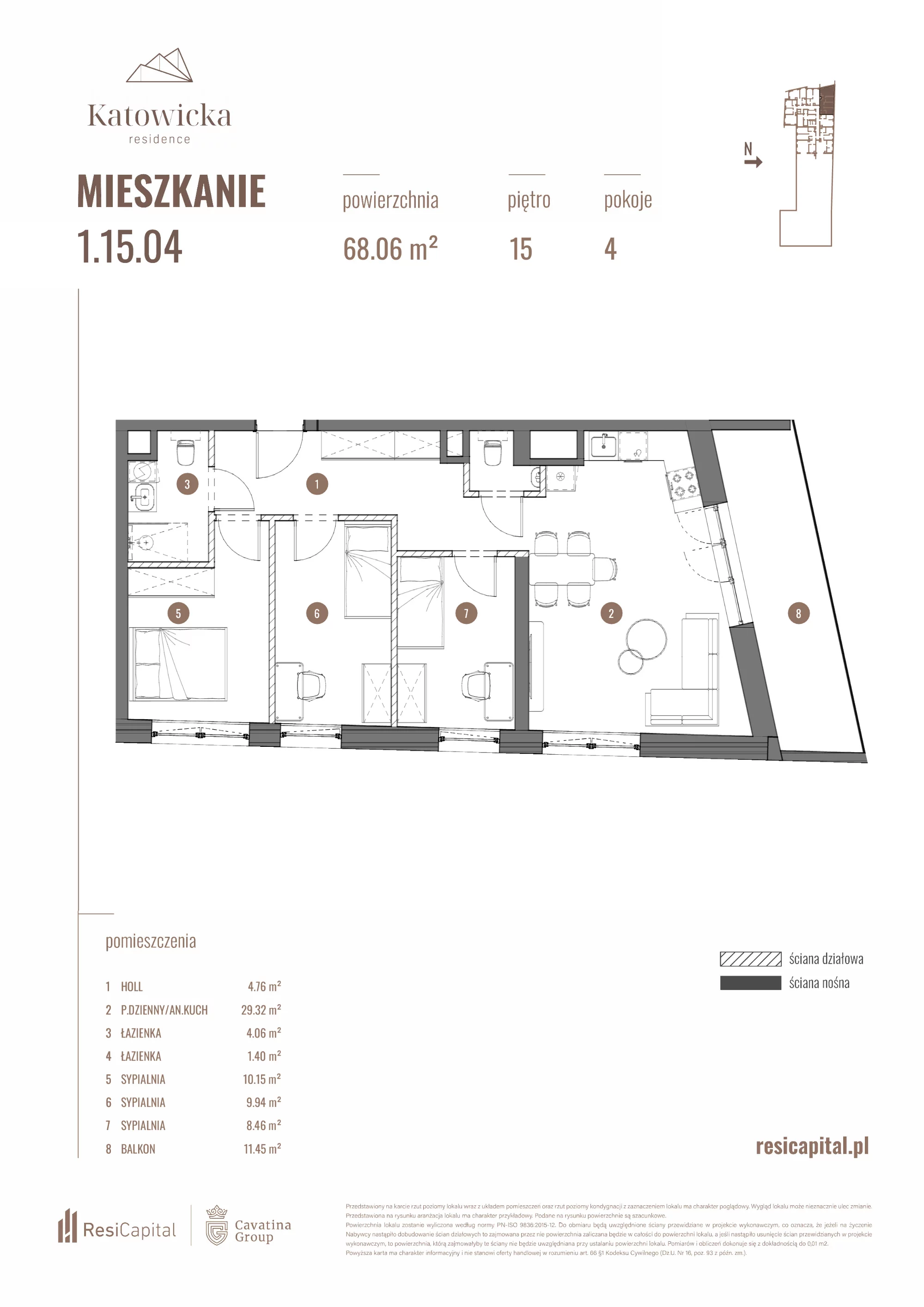 4 pokoje, apartament 68,35 m², piętro 15, oferta nr 1.15.04., Katowicka Residence, Katowice, Bogucice, ul. Katowicka