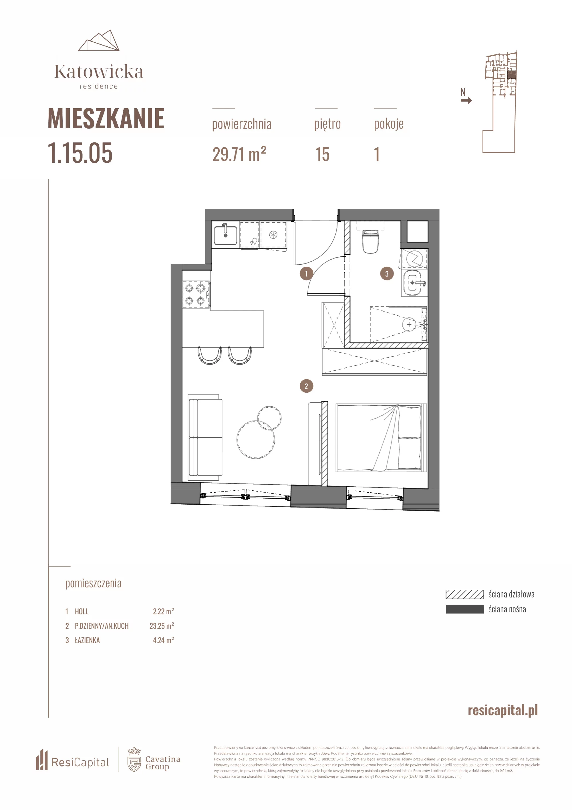 Apartament 29,71 m², piętro 15, oferta nr 1.15.05., Katowicka Residence, Katowice, Bogucice, ul. Katowicka