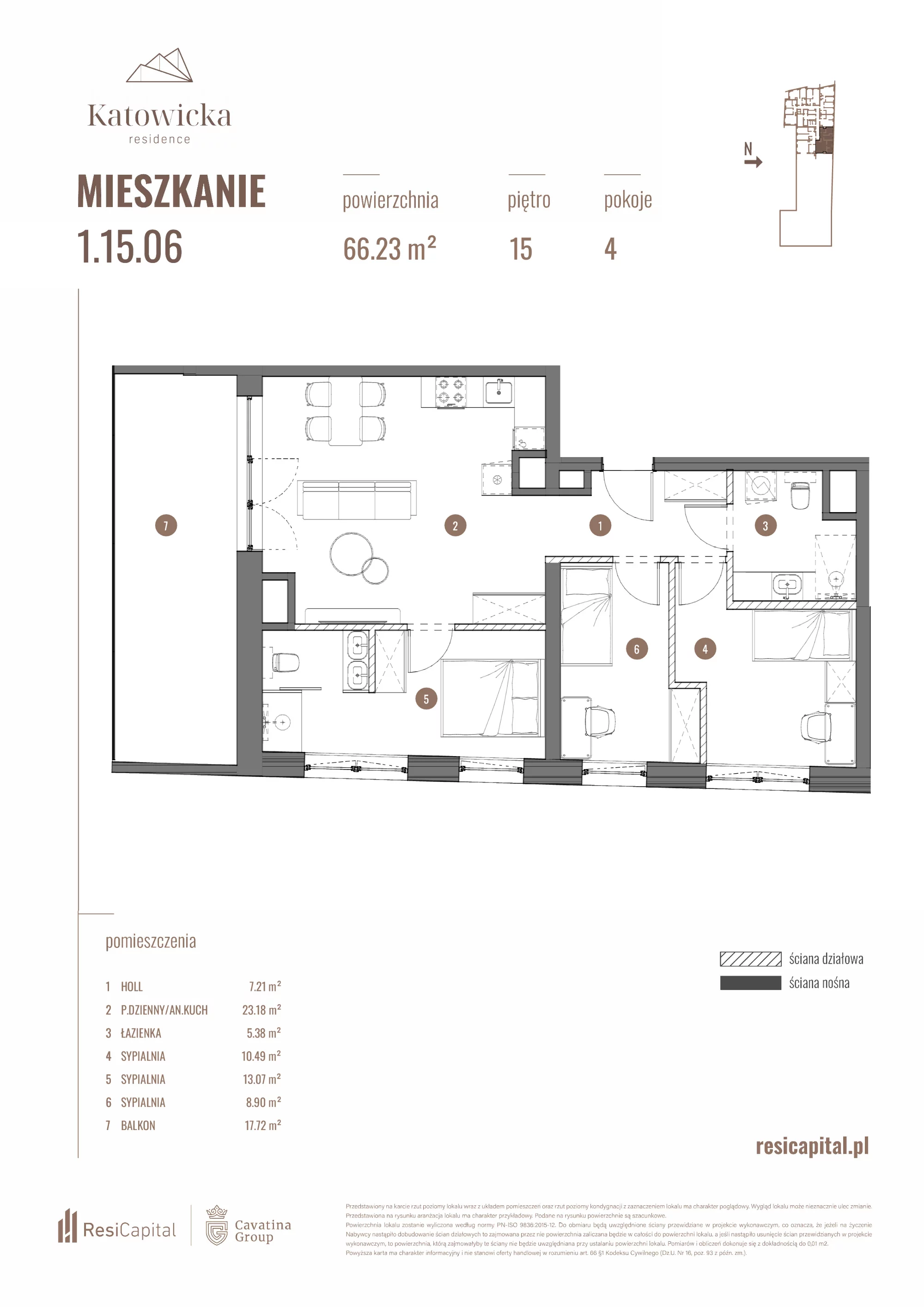 4 pokoje, apartament 68,63 m², piętro 15, oferta nr 1.15.06., Katowicka Residence, Katowice, Bogucice, ul. Katowicka