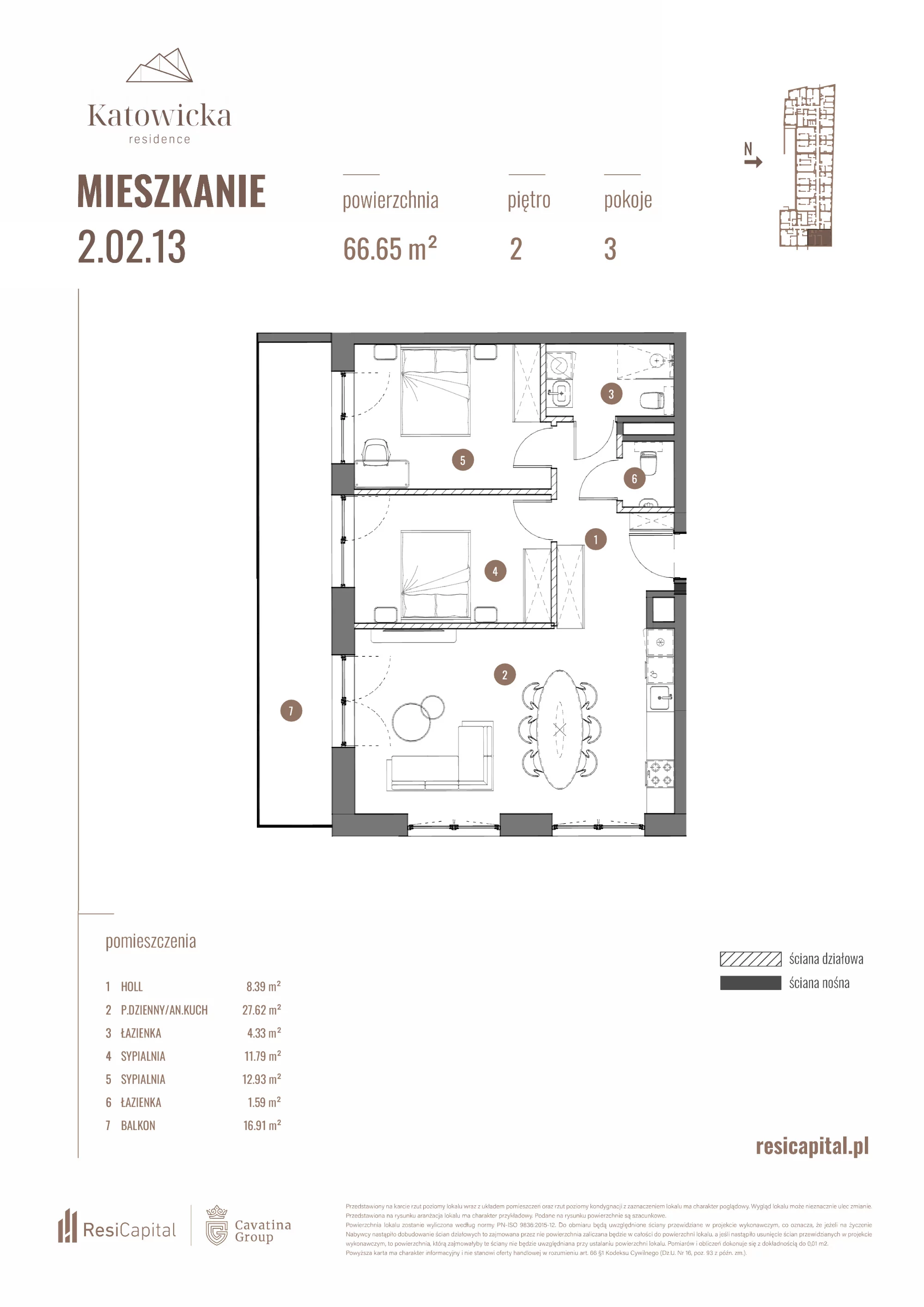 3 pokoje, apartament 66,65 m², piętro 2, oferta nr 2.02.13., Katowicka Residence, Katowice, Bogucice, ul. Katowicka