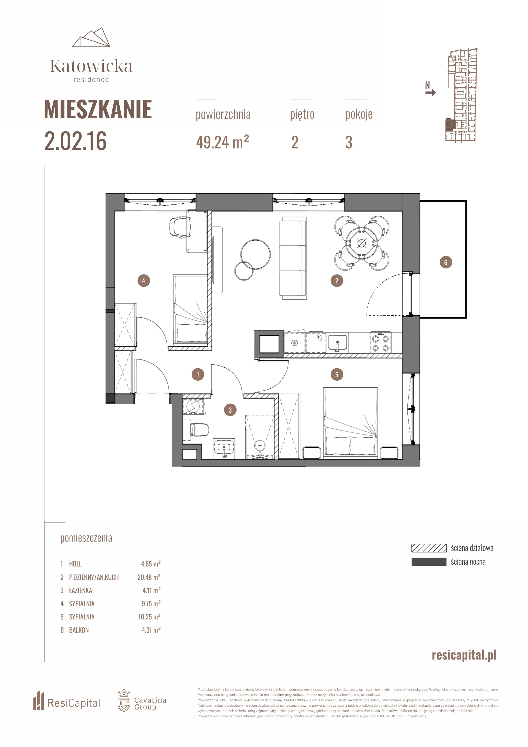 3 pokoje, apartament 49,24 m², piętro 2, oferta nr 2.02.16., Katowicka Residence, Katowice, Bogucice, ul. Katowicka