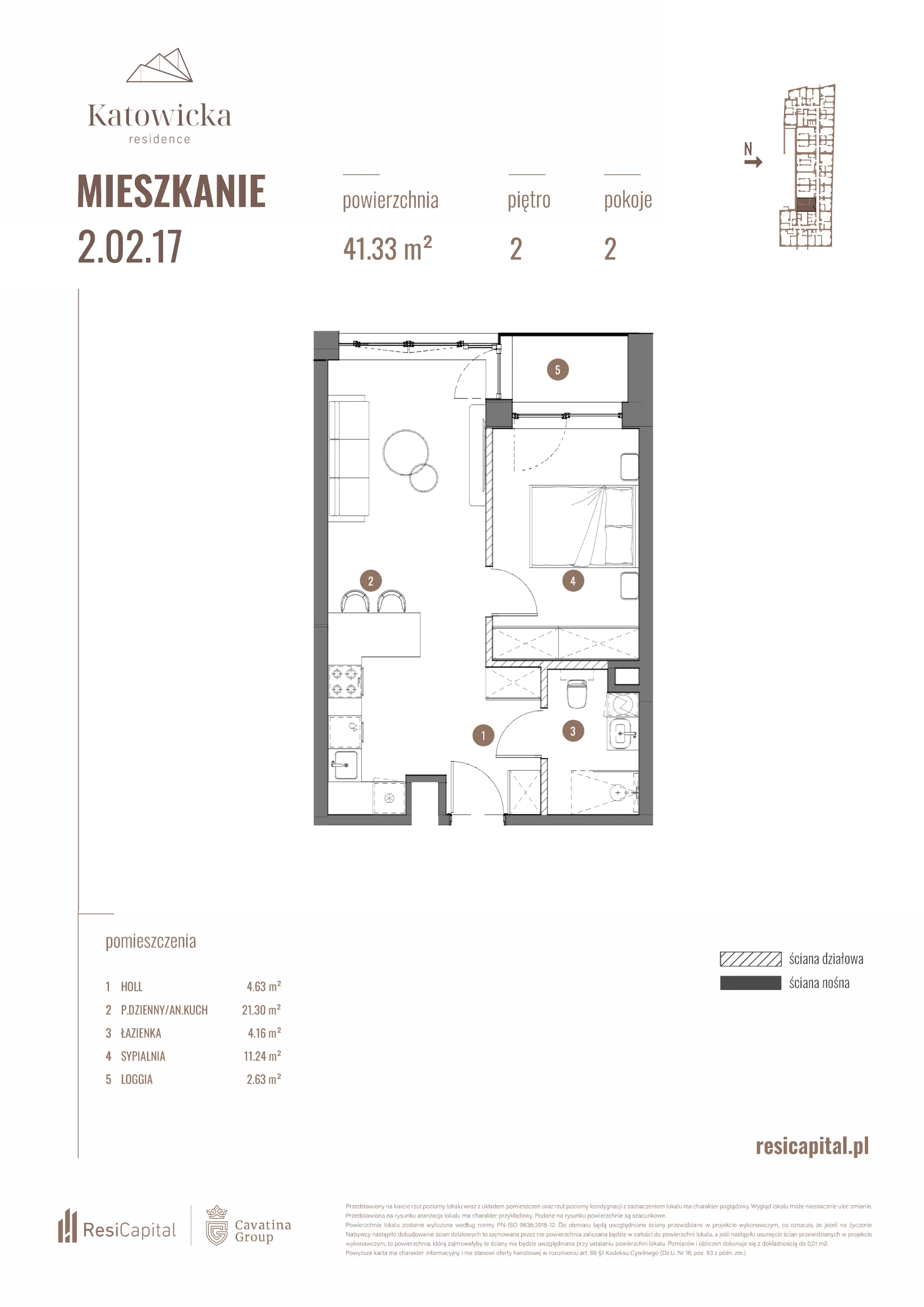 2 pokoje, apartament 41,33 m², piętro 2, oferta nr 2.02.17., Katowicka Residence, Katowice, Bogucice, ul. Katowicka