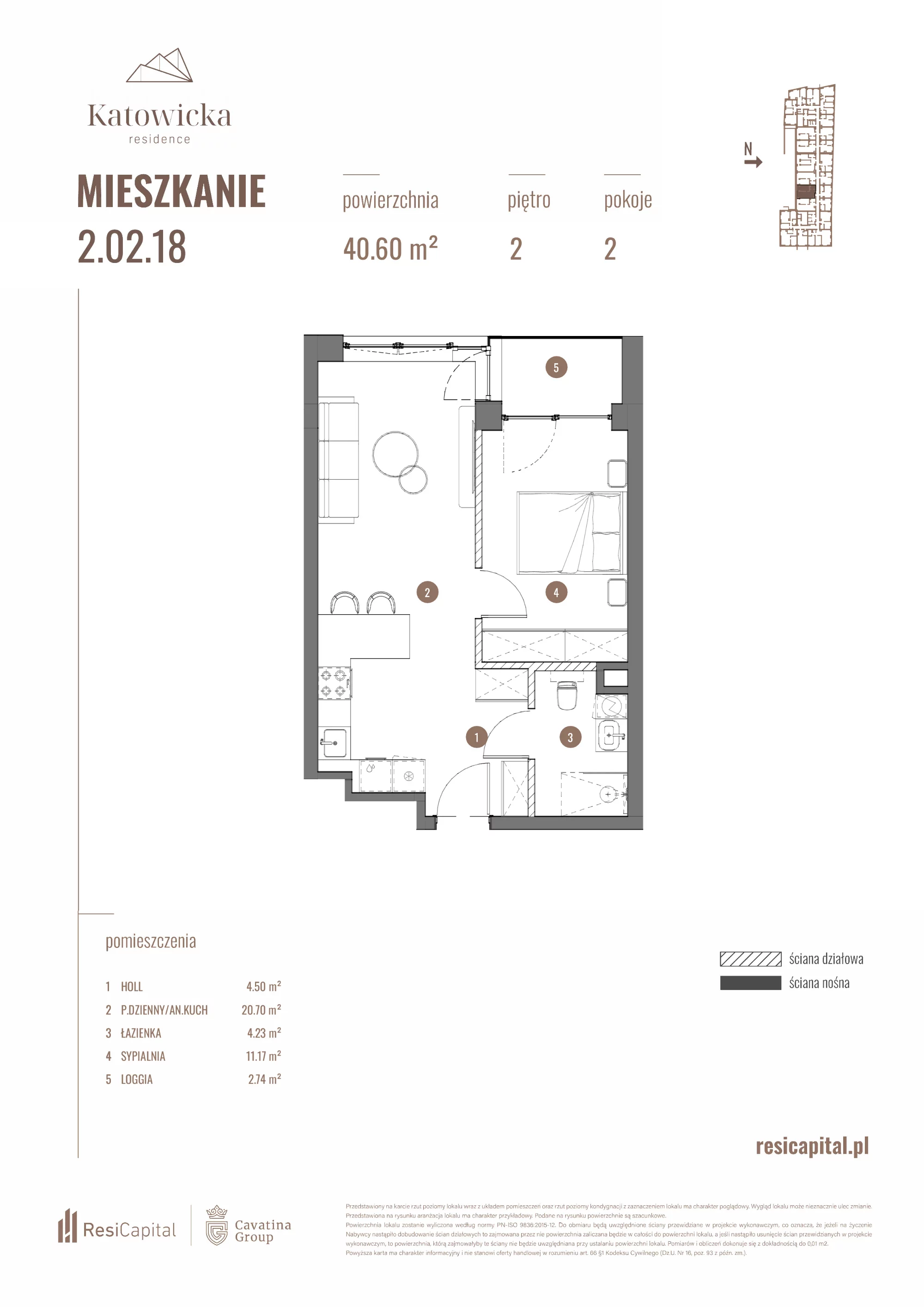 2 pokoje, apartament 40,60 m², piętro 2, oferta nr 2.02.18., Katowicka Residence, Katowice, Bogucice, ul. Katowicka