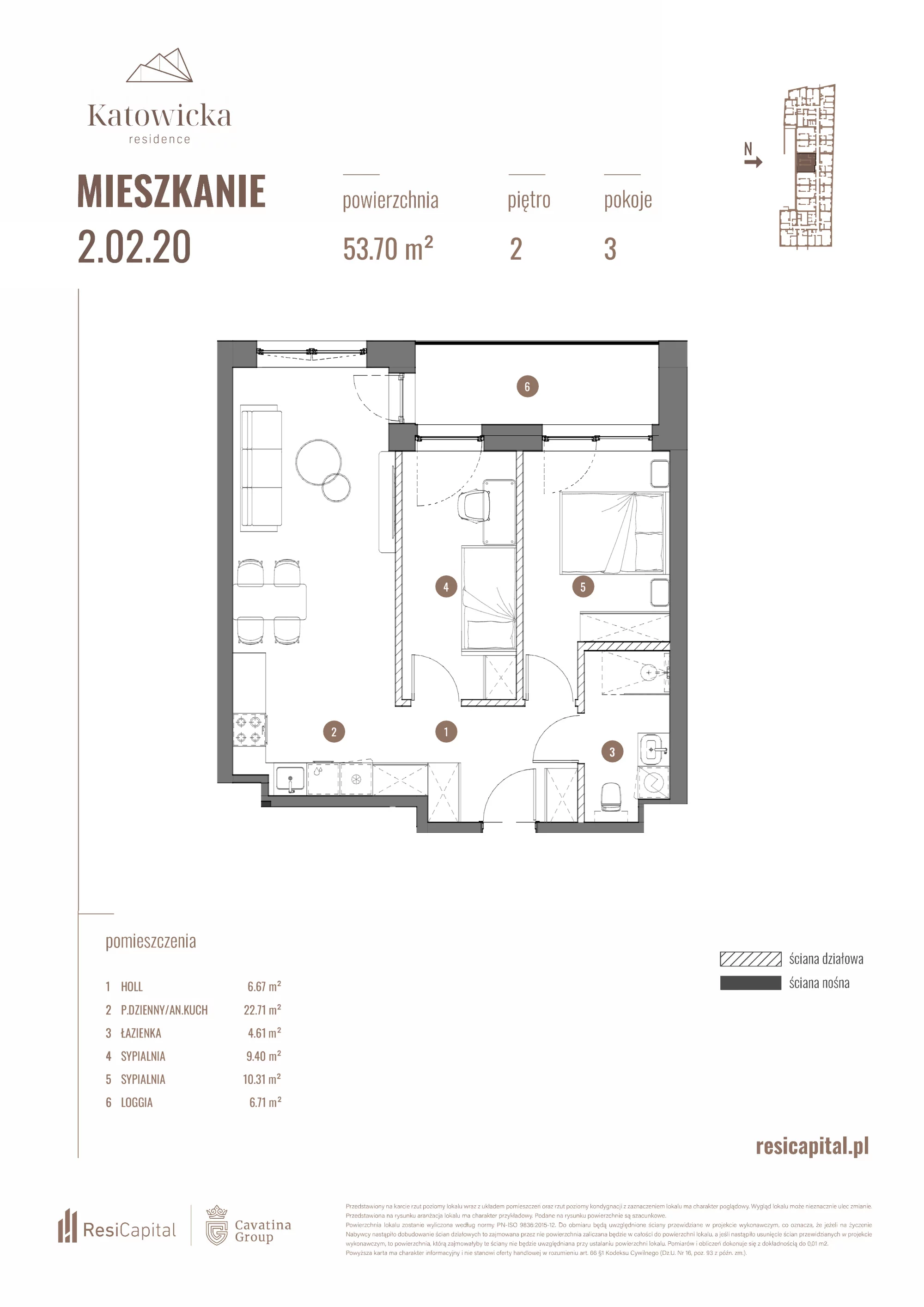 3 pokoje, apartament 53,70 m², piętro 2, oferta nr 2.02.20., Katowicka Residence, Katowice, Bogucice, ul. Katowicka