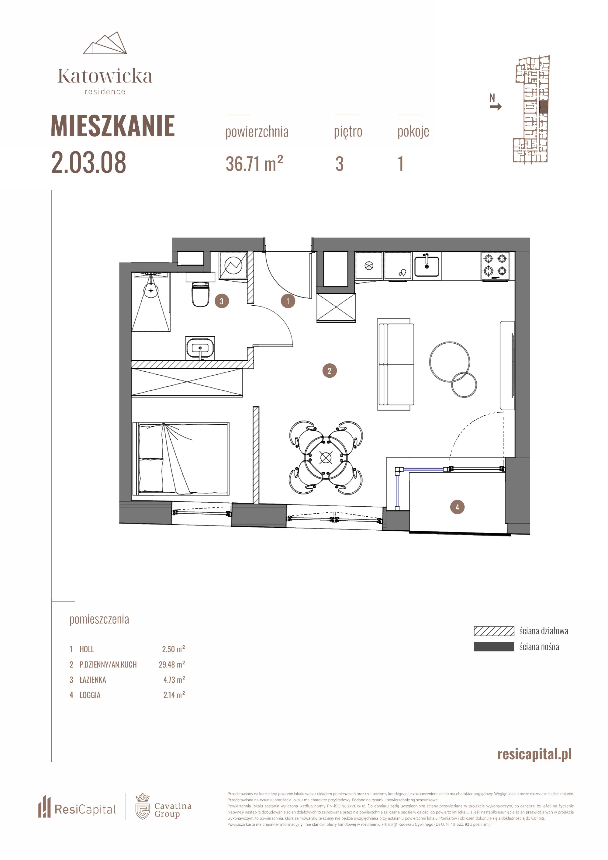 Apartament 36,71 m², piętro 3, oferta nr 2.03.08., Katowicka Residence, Katowice, Bogucice, ul. Katowicka