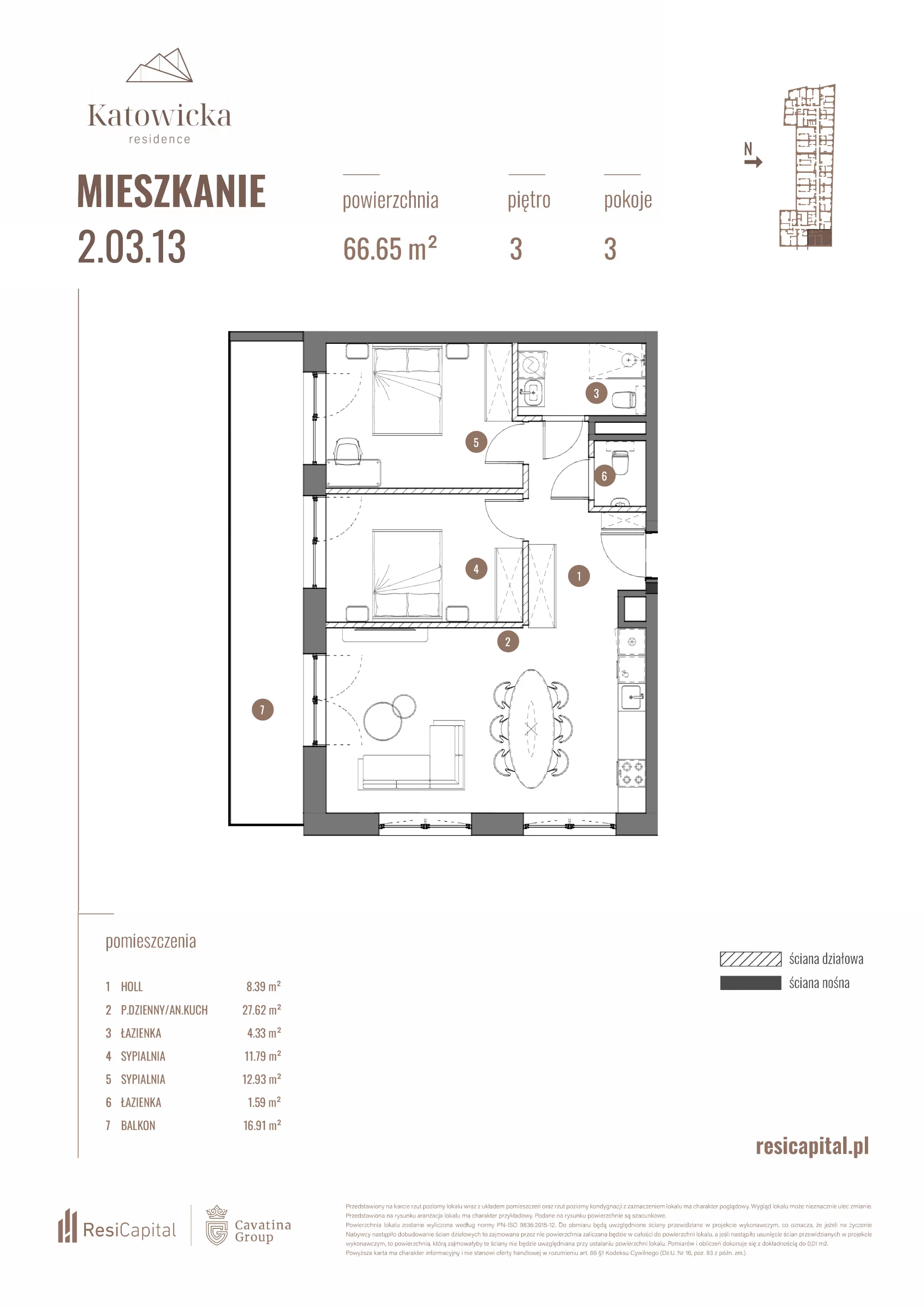 3 pokoje, apartament 66,65 m², piętro 3, oferta nr 2.03.13., Katowicka Residence, Katowice, Bogucice, ul. Katowicka