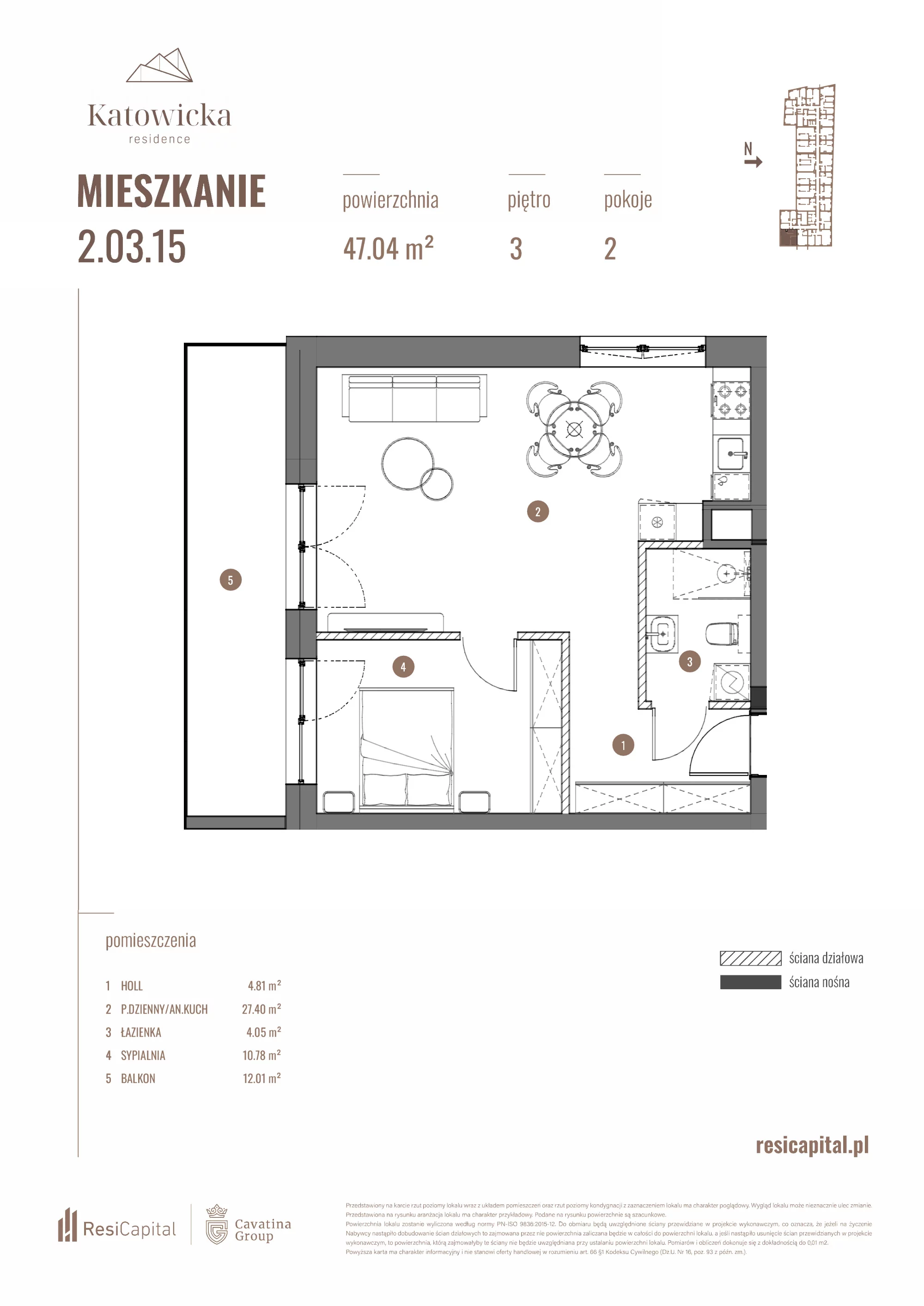 2 pokoje, apartament 47,04 m², piętro 3, oferta nr 2.03.15., Katowicka Residence, Katowice, Bogucice, ul. Katowicka