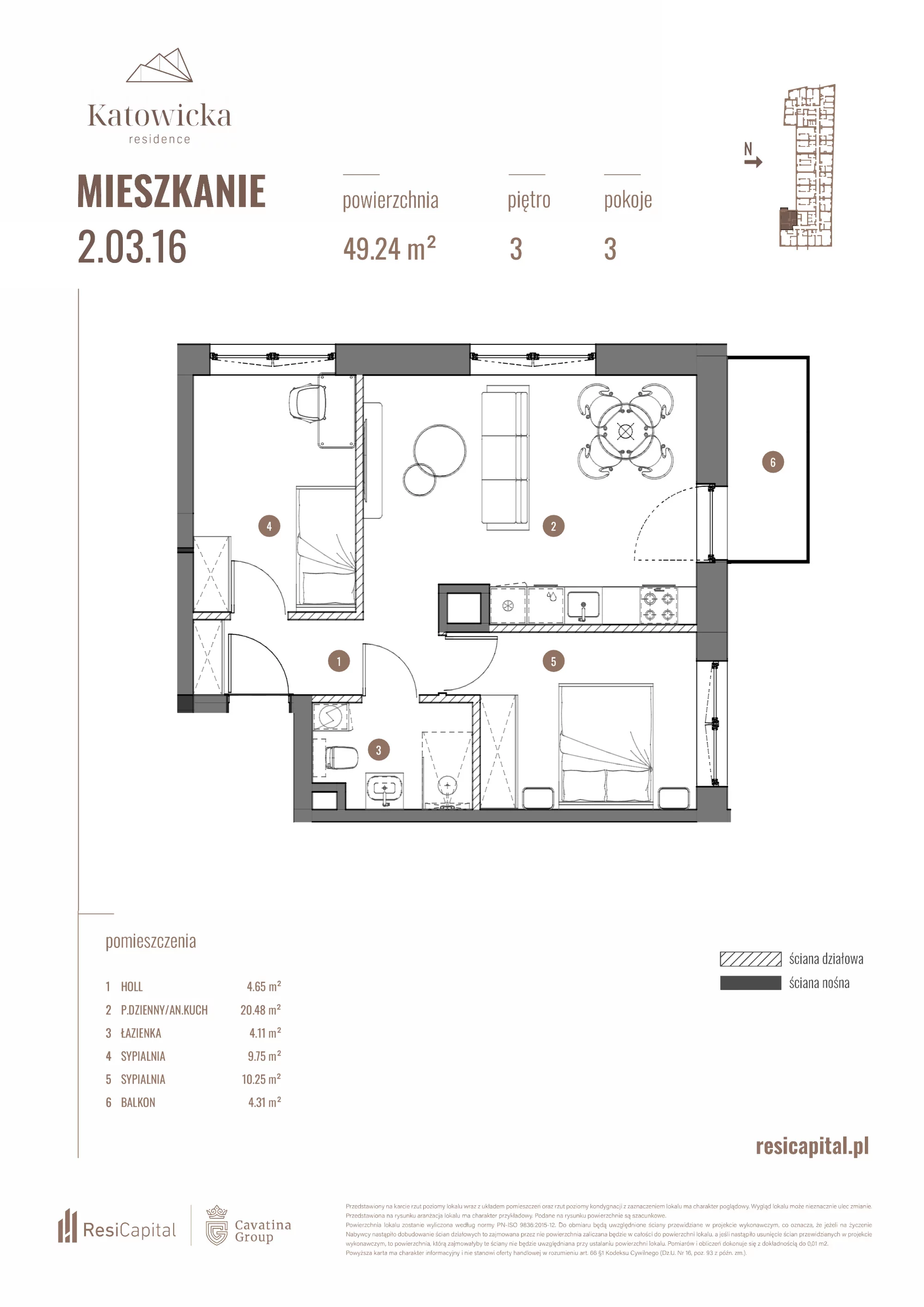3 pokoje, apartament 49,24 m², piętro 3, oferta nr 2.03.16., Katowicka Residence, Katowice, Bogucice, ul. Katowicka