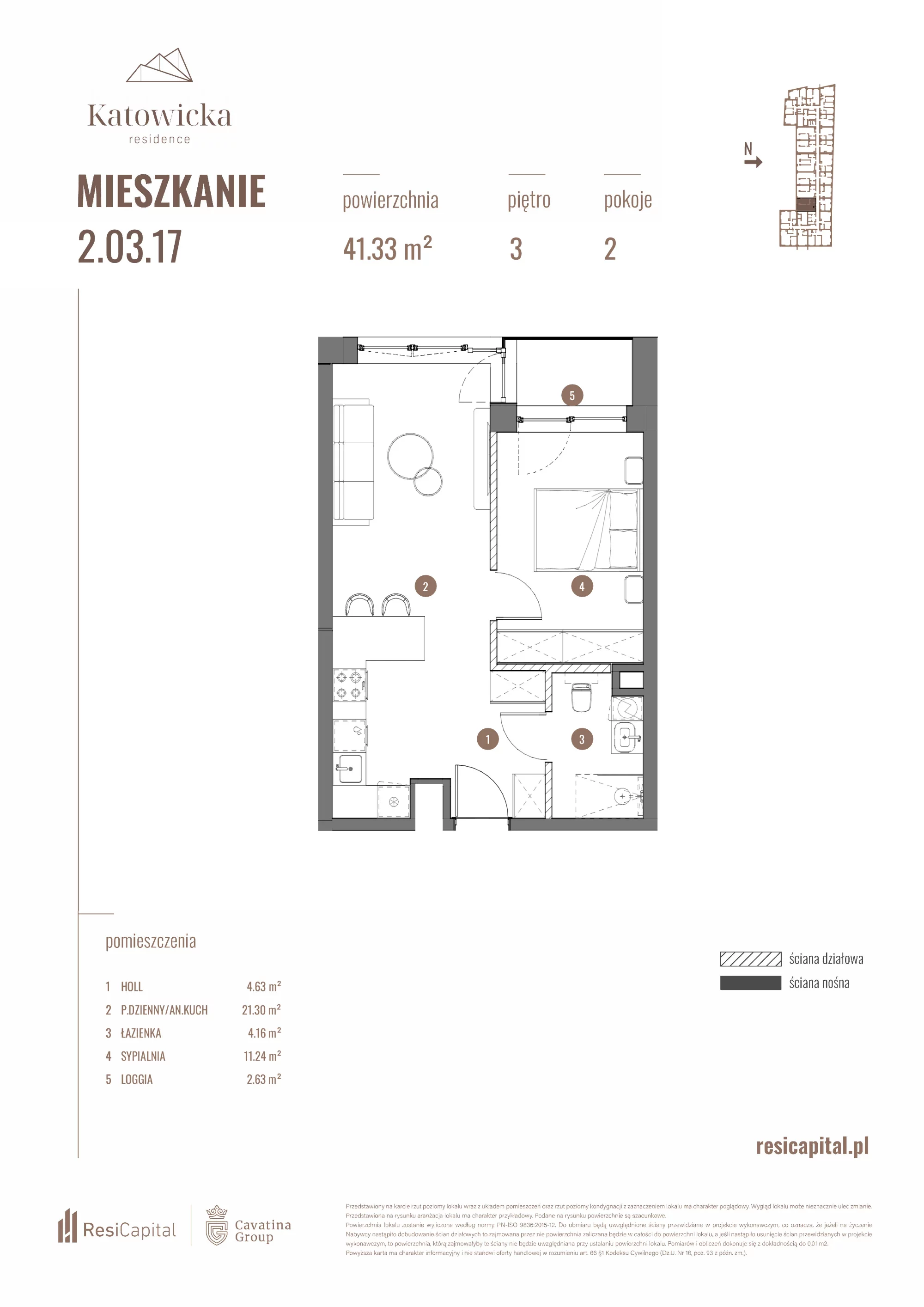 2 pokoje, apartament 41,33 m², piętro 3, oferta nr 2.03.17., Katowicka Residence, Katowice, Bogucice, ul. Katowicka