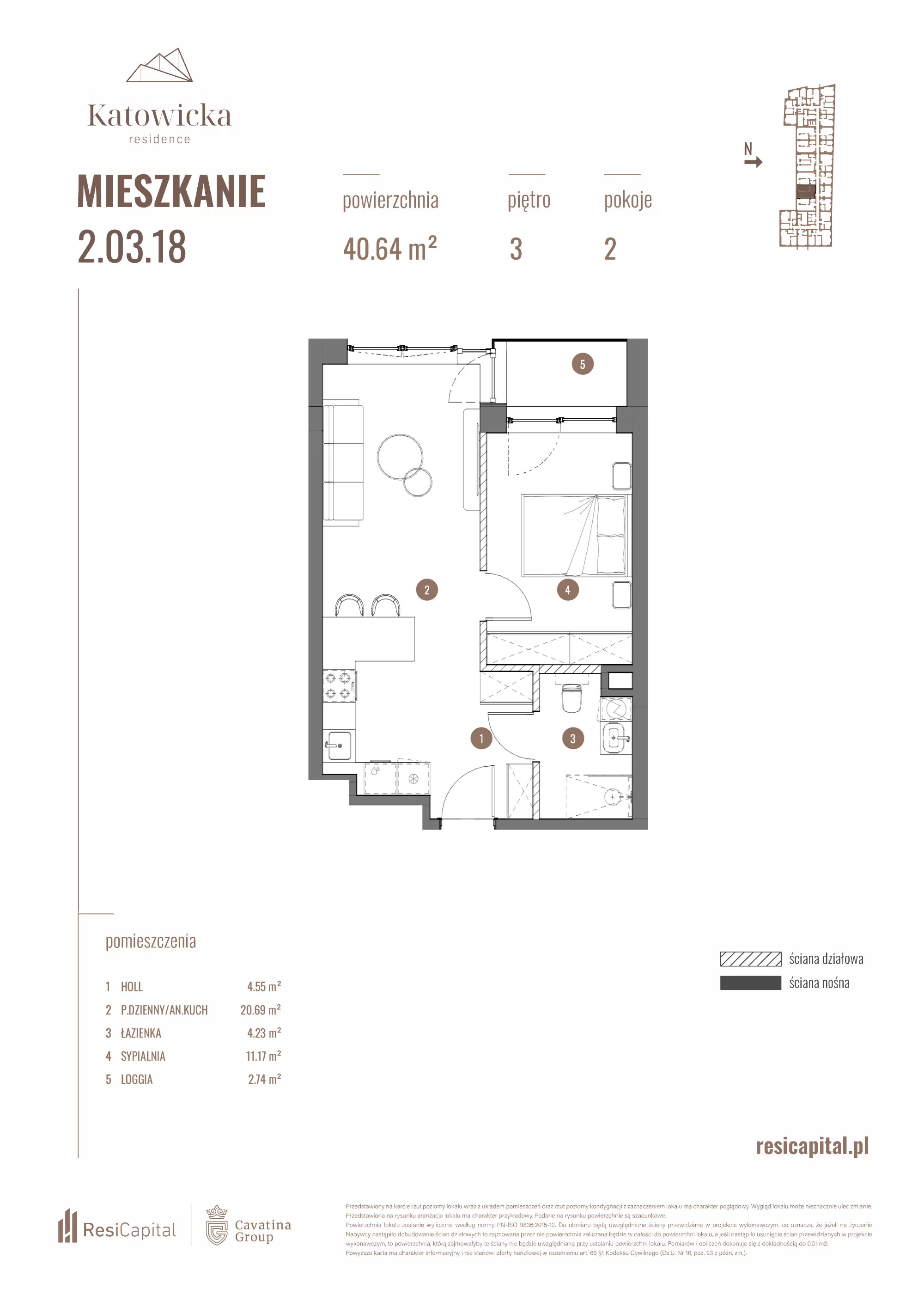 2 pokoje, apartament 40,64 m², piętro 3, oferta nr 2.03.18., Katowicka Residence, Katowice, Bogucice, ul. Katowicka