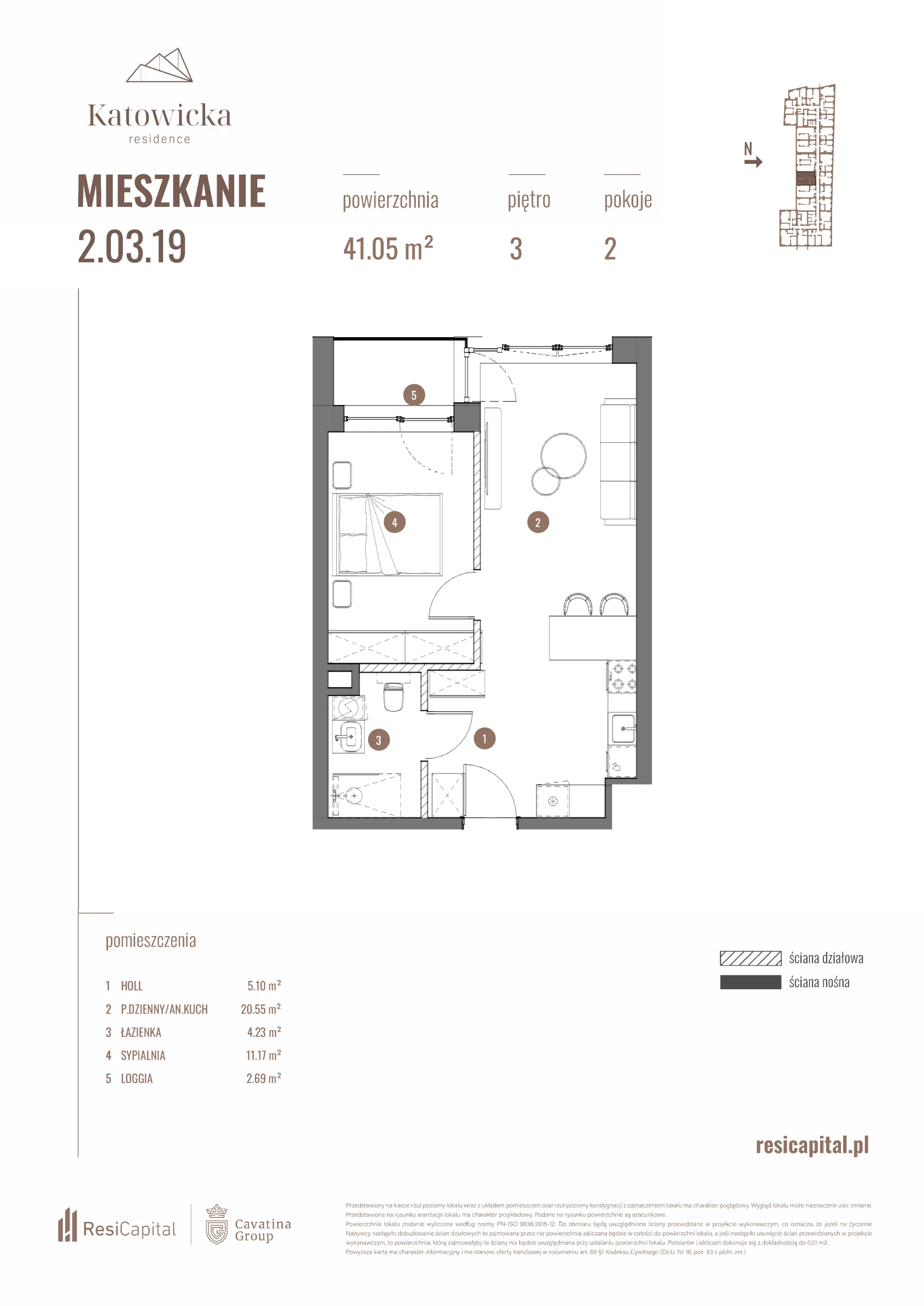 2 pokoje, apartament 41,05 m², piętro 3, oferta nr 2.03.19., Katowicka Residence, Katowice, Bogucice, ul. Katowicka