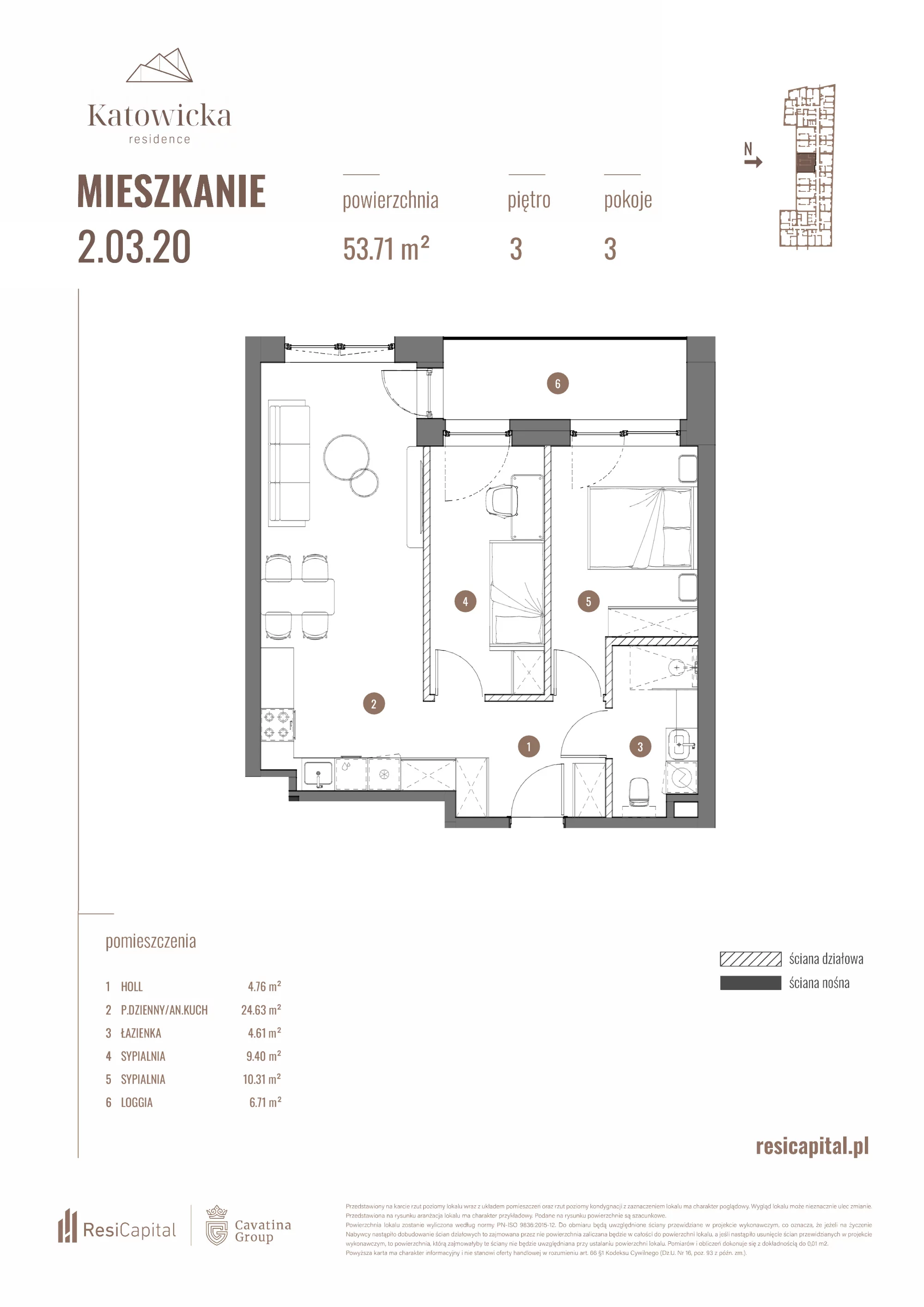 3 pokoje, apartament 53,71 m², piętro 3, oferta nr 2.03.20., Katowicka Residence, Katowice, Bogucice, ul. Katowicka