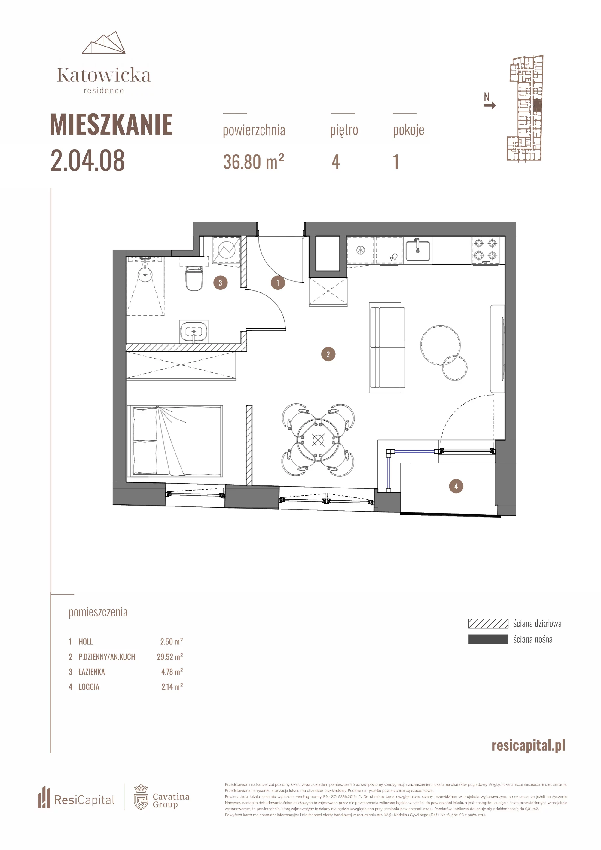 Apartament 36,80 m², piętro 4, oferta nr 2.04.08., Katowicka Residence, Katowice, Bogucice, ul. Katowicka