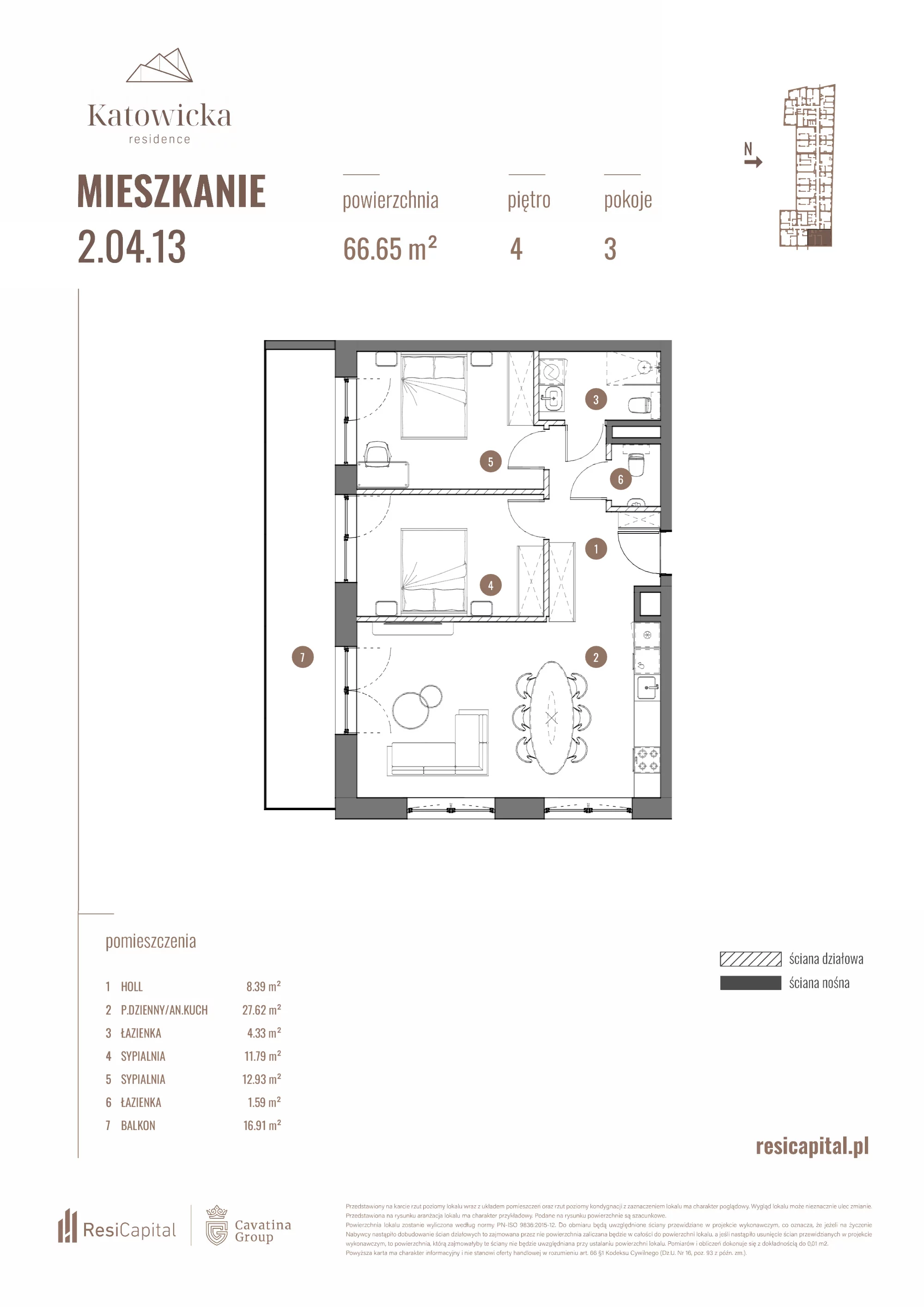3 pokoje, apartament 66,67 m², piętro 4, oferta nr 2.04.13., Katowicka Residence, Katowice, Bogucice, ul. Katowicka