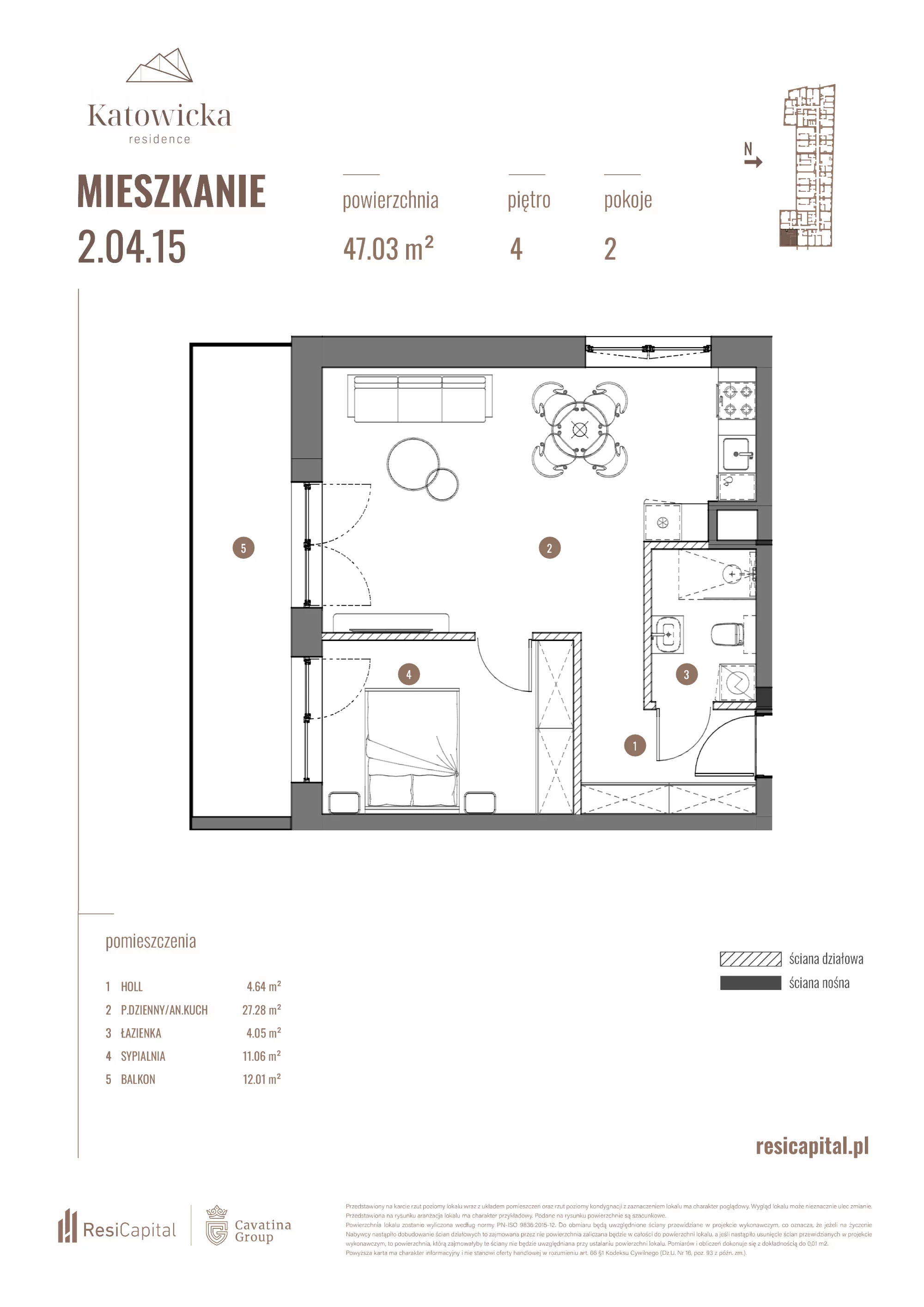 2 pokoje, apartament 47,03 m², piętro 4, oferta nr 2.04.15., Katowicka Residence, Katowice, Bogucice, ul. Katowicka