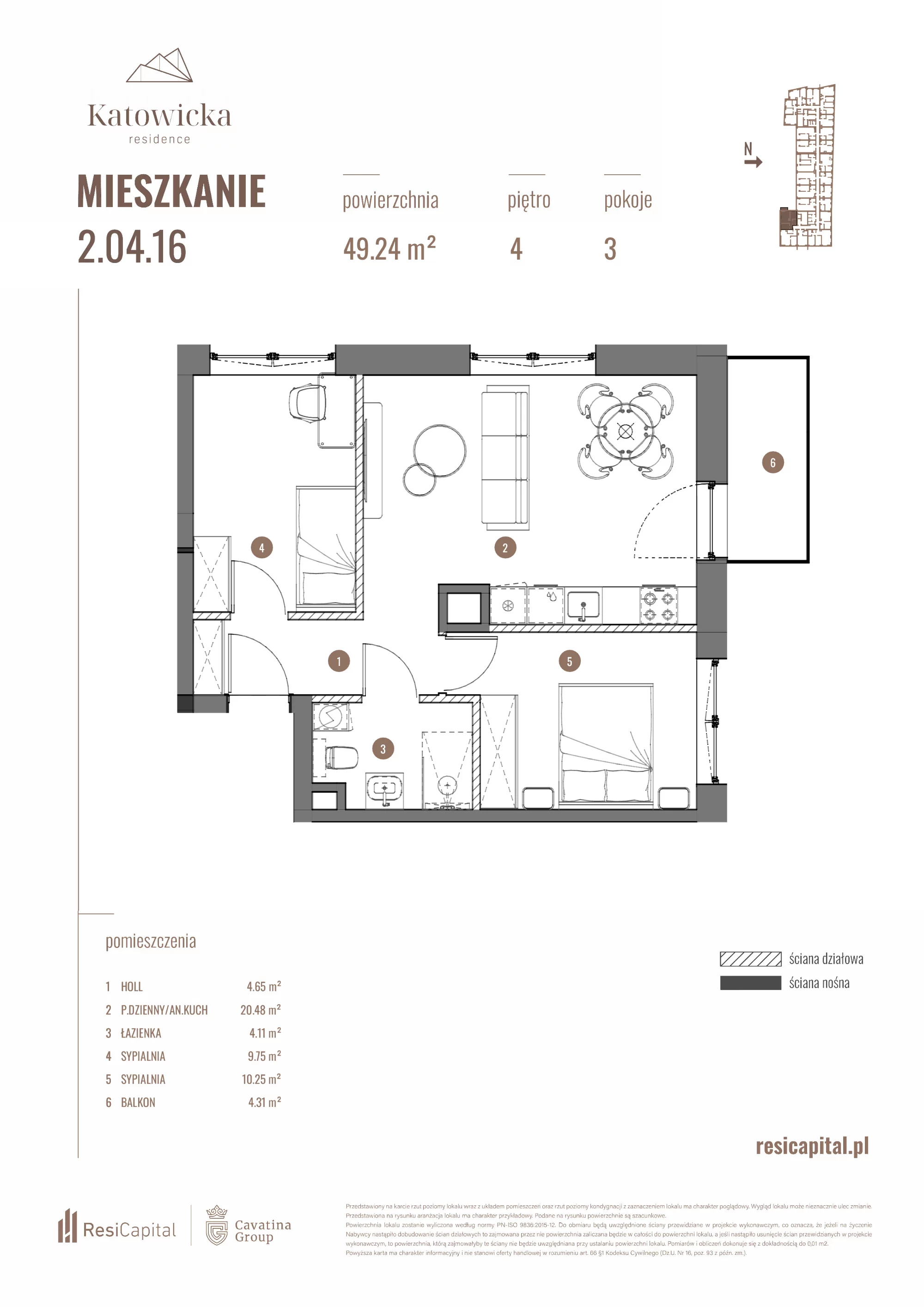 3 pokoje, apartament 49,24 m², piętro 4, oferta nr 2.04.16., Katowicka Residence, Katowice, Bogucice, ul. Katowicka