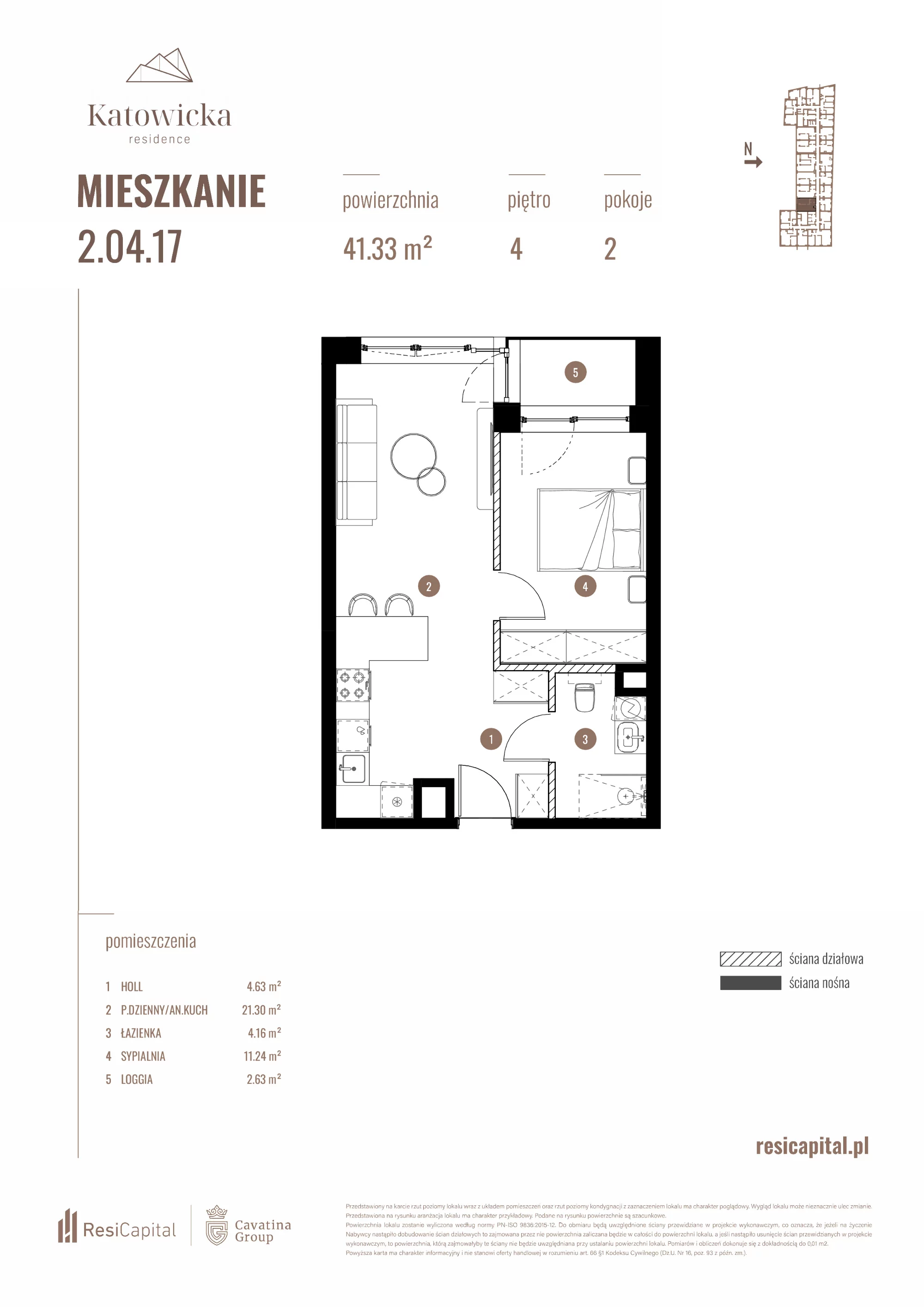 2 pokoje, apartament 41,33 m², piętro 4, oferta nr 2.04.17., Katowicka Residence, Katowice, Bogucice, ul. Katowicka