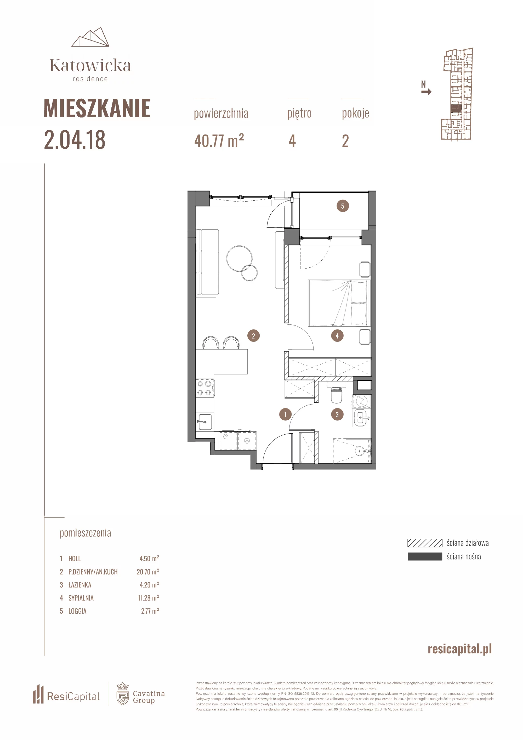 2 pokoje, apartament 40,77 m², piętro 4, oferta nr 2.04.18., Katowicka Residence, Katowice, Bogucice, ul. Katowicka