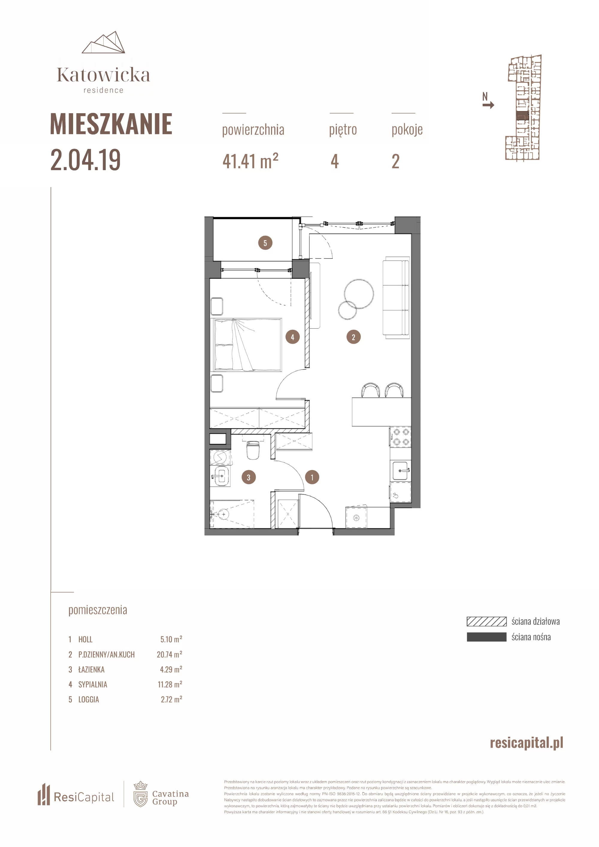 2 pokoje, apartament 41,41 m², piętro 4, oferta nr 2.04.19., Katowicka Residence, Katowice, Bogucice, ul. Katowicka