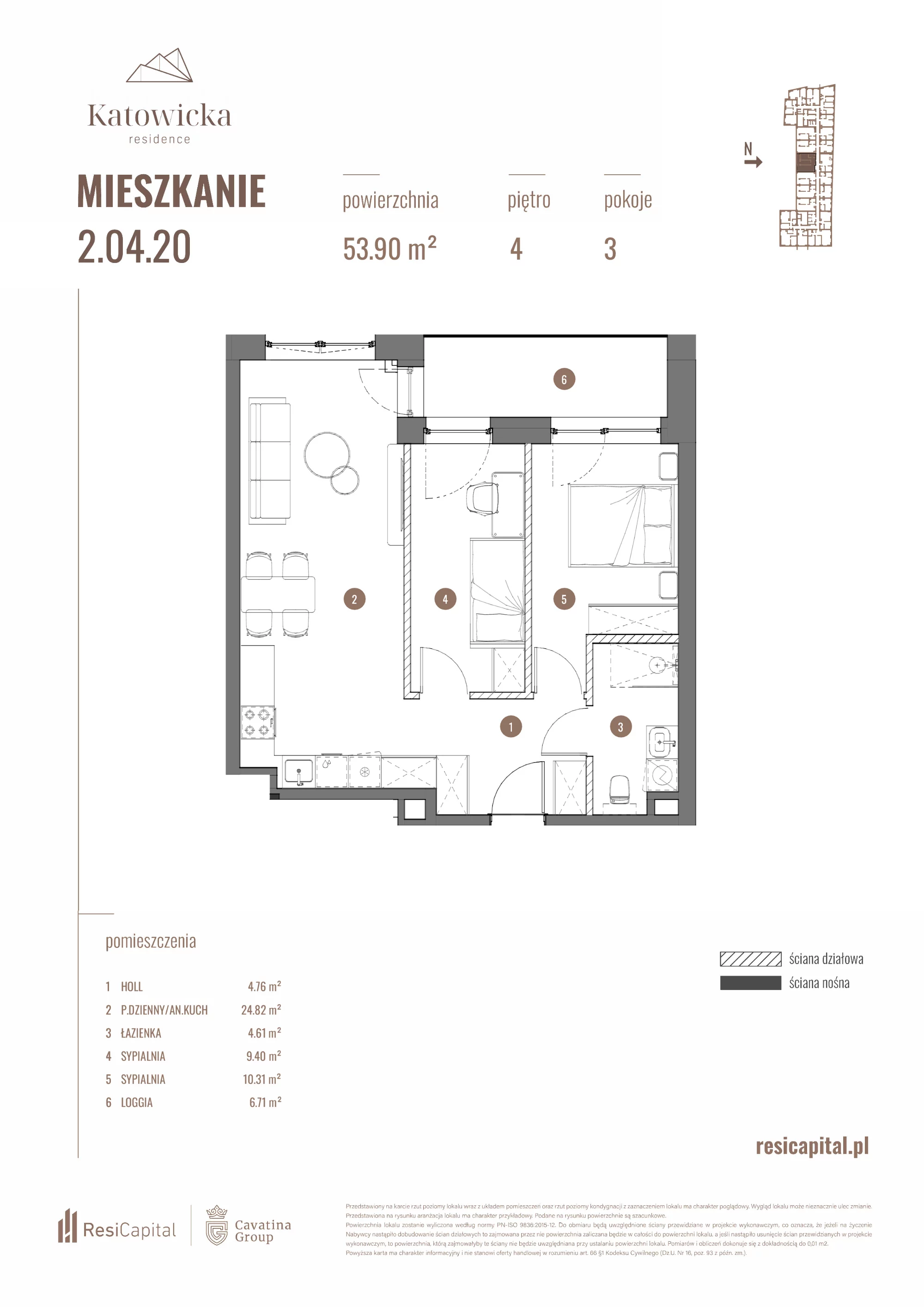 3 pokoje, apartament 53,90 m², piętro 4, oferta nr 2.04.20., Katowicka Residence, Katowice, Bogucice, ul. Katowicka