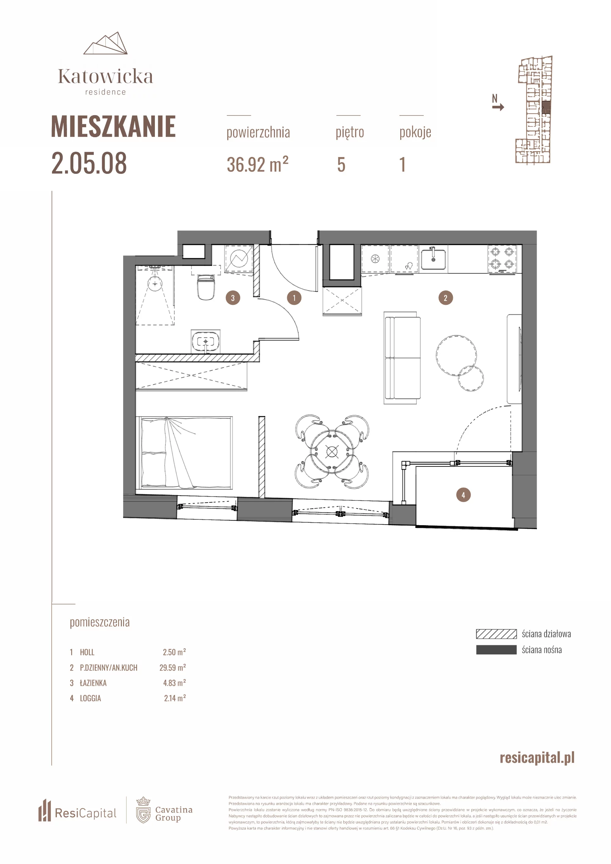 Apartament 36,92 m², piętro 5, oferta nr 2.05.08., Katowicka Residence, Katowice, Bogucice, ul. Katowicka