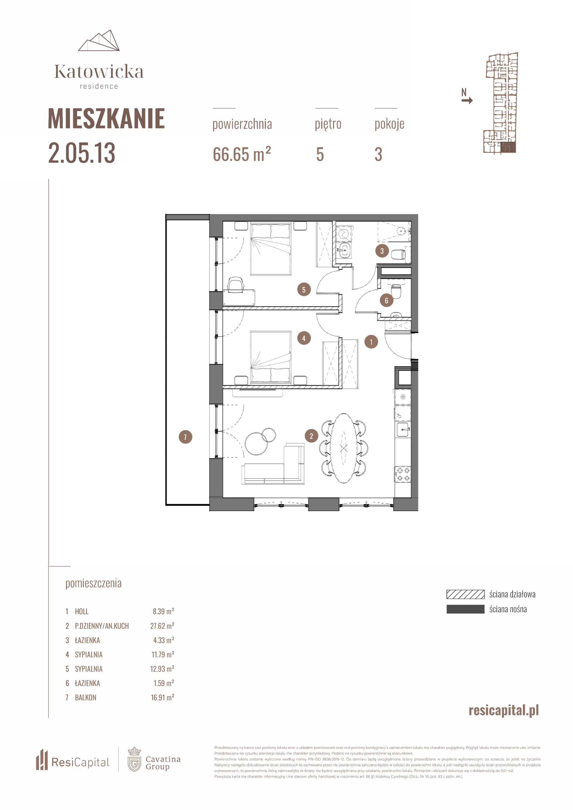 3 pokoje, apartament 66,69 m², piętro 5, oferta nr 2.05.13., Katowicka Residence, Katowice, Bogucice, ul. Katowicka