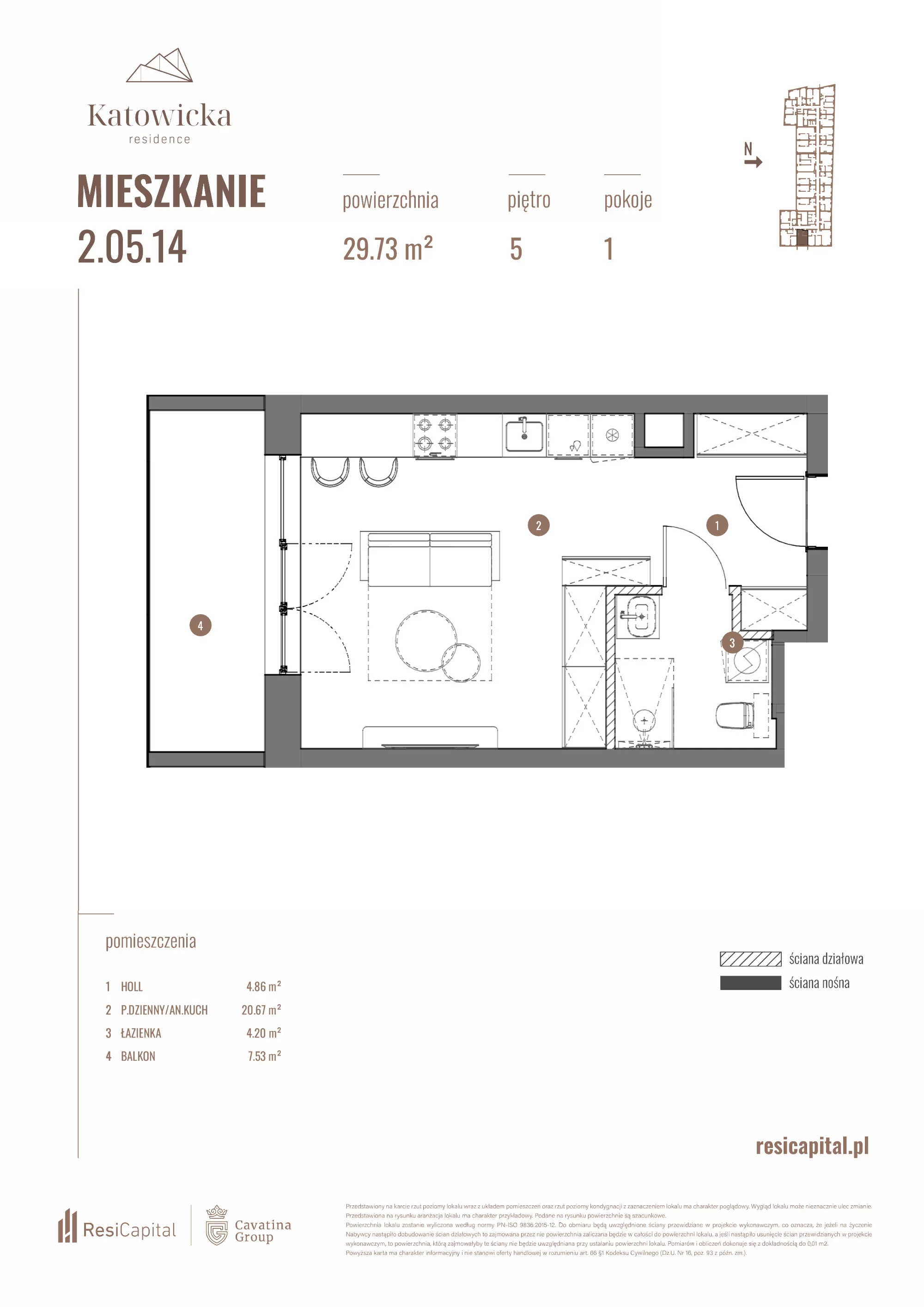 Apartament 29,73 m², piętro 5, oferta nr 2.05.14., Katowicka Residence, Katowice, Bogucice, ul. Katowicka