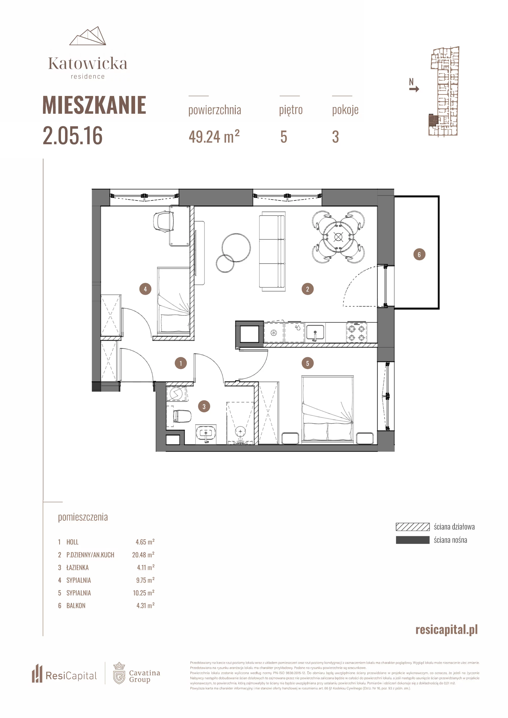 3 pokoje, apartament 49,24 m², piętro 5, oferta nr 2.05.16., Katowicka Residence, Katowice, Bogucice, ul. Katowicka