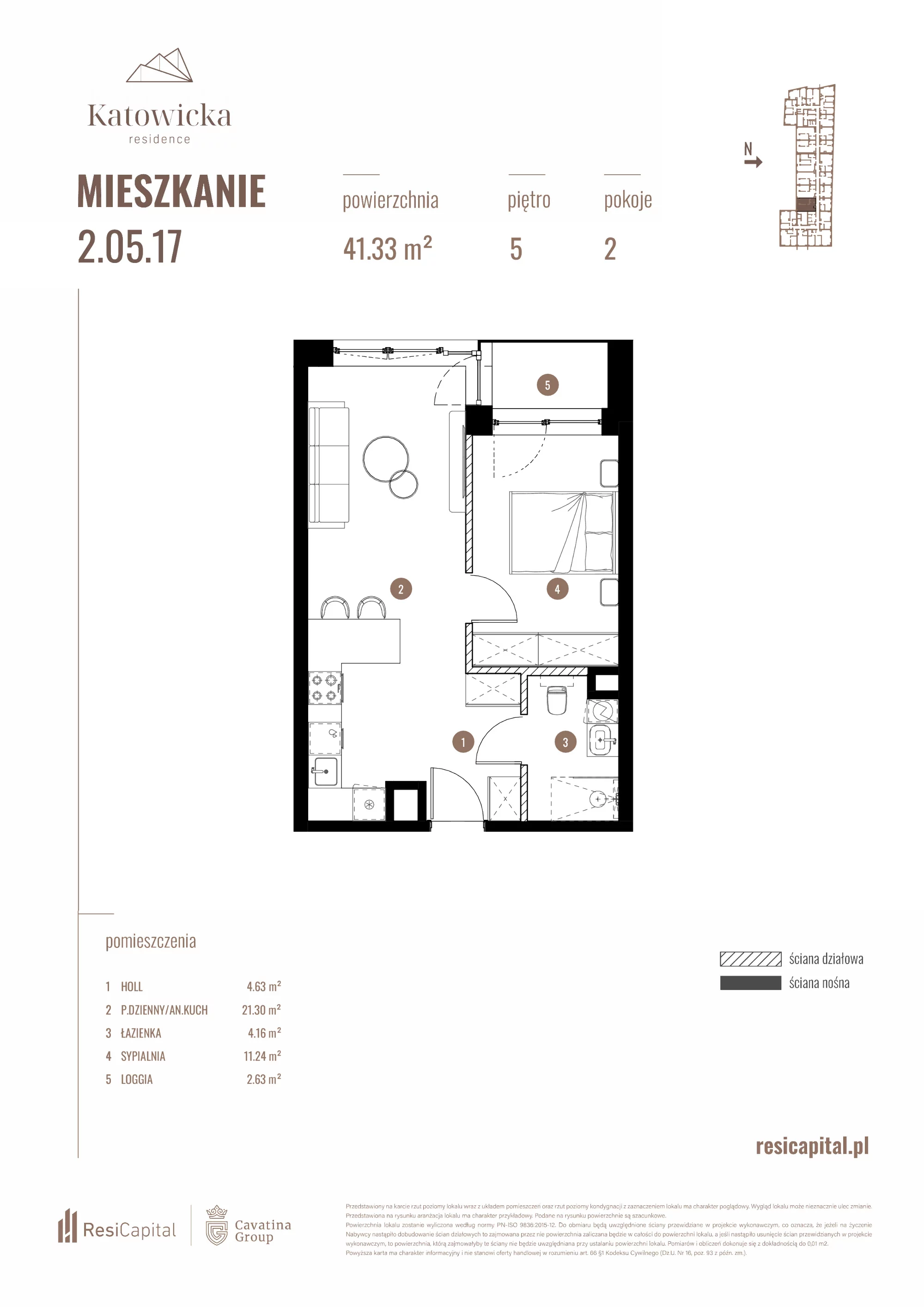 2 pokoje, apartament 41,33 m², piętro 5, oferta nr 2.05.17., Katowicka Residence, Katowice, Bogucice, ul. Katowicka