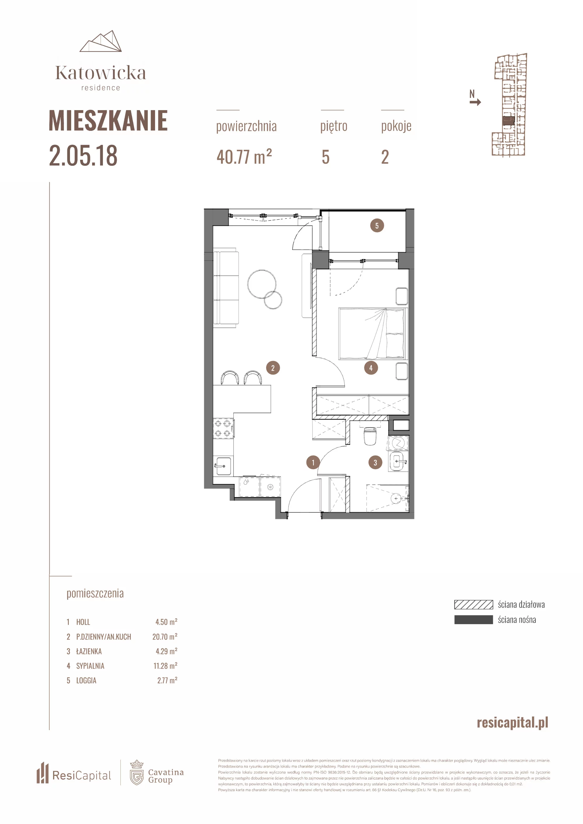 2 pokoje, apartament 40,77 m², piętro 5, oferta nr 2.05.18., Katowicka Residence, Katowice, Bogucice, ul. Katowicka